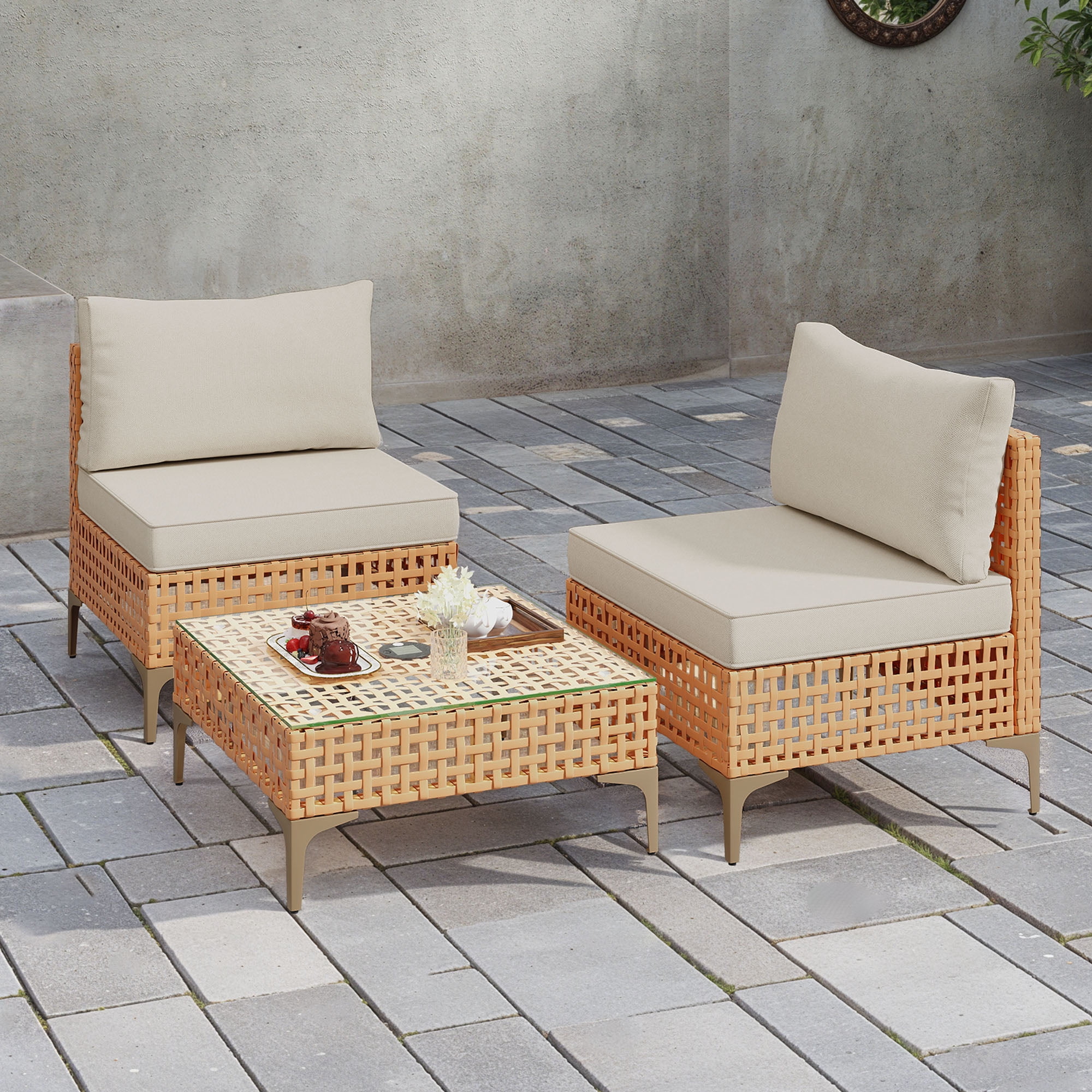 Uforic 3-Piece Outdoor Patio Furniture Set, Rattan Wicker Conversation Bistro Set with Solar LED Coffee Table (Beige, 3 Pieces) e8a6s