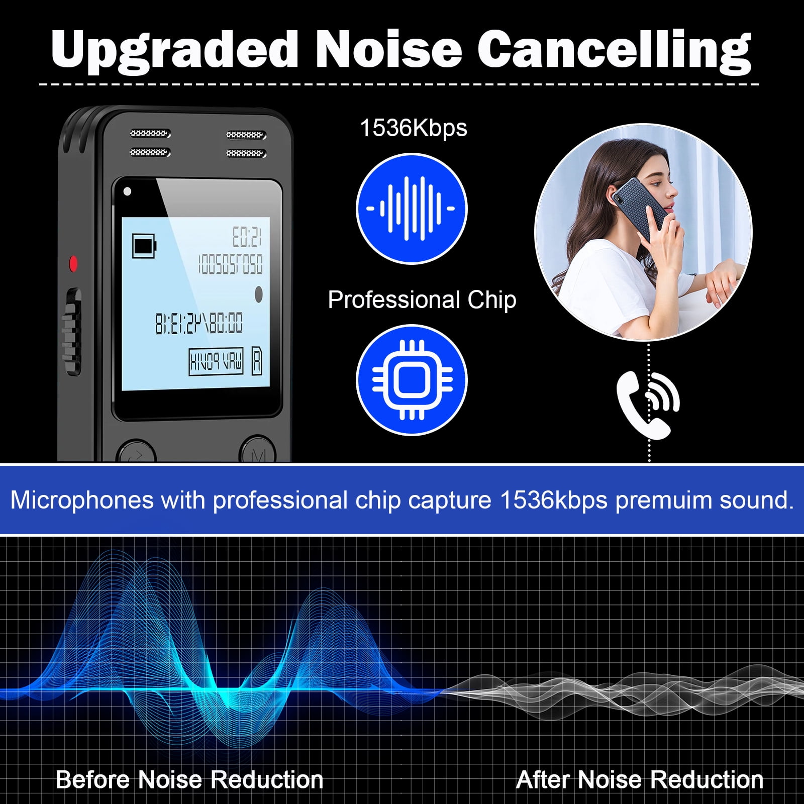 RONY 64GB Digital Voice Recorder, Noise Cancelling Voice Activated Recording Device with Playback (Black, 64GB) qqh1l