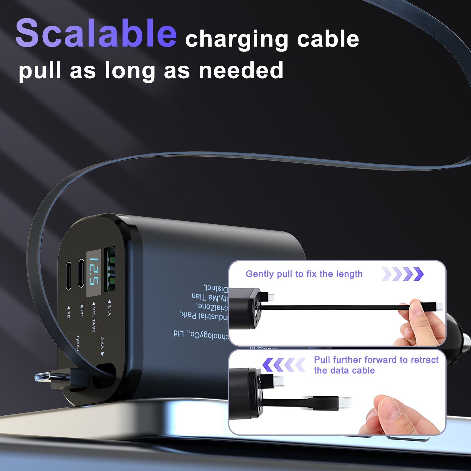 JcBlaon 66W Retractable Car Charger 4-in-1 Fast Charging Adapter with Voltage Monitor (Black, 5.5 x 2 x 1.29 in) sbwpr