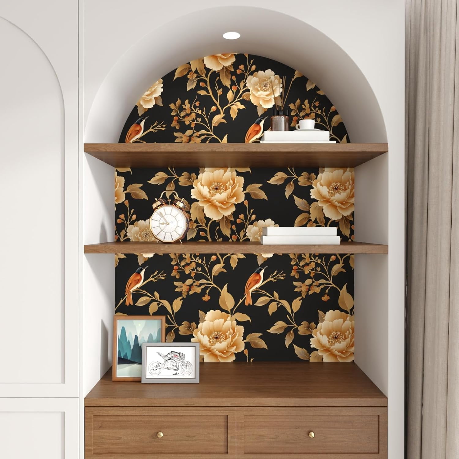 Usachibb Vintage Floral Bird Wallpaper Peel and Stick Boho Wall Mural (Black/Gold, 17.5 in x 118 in) av4xl