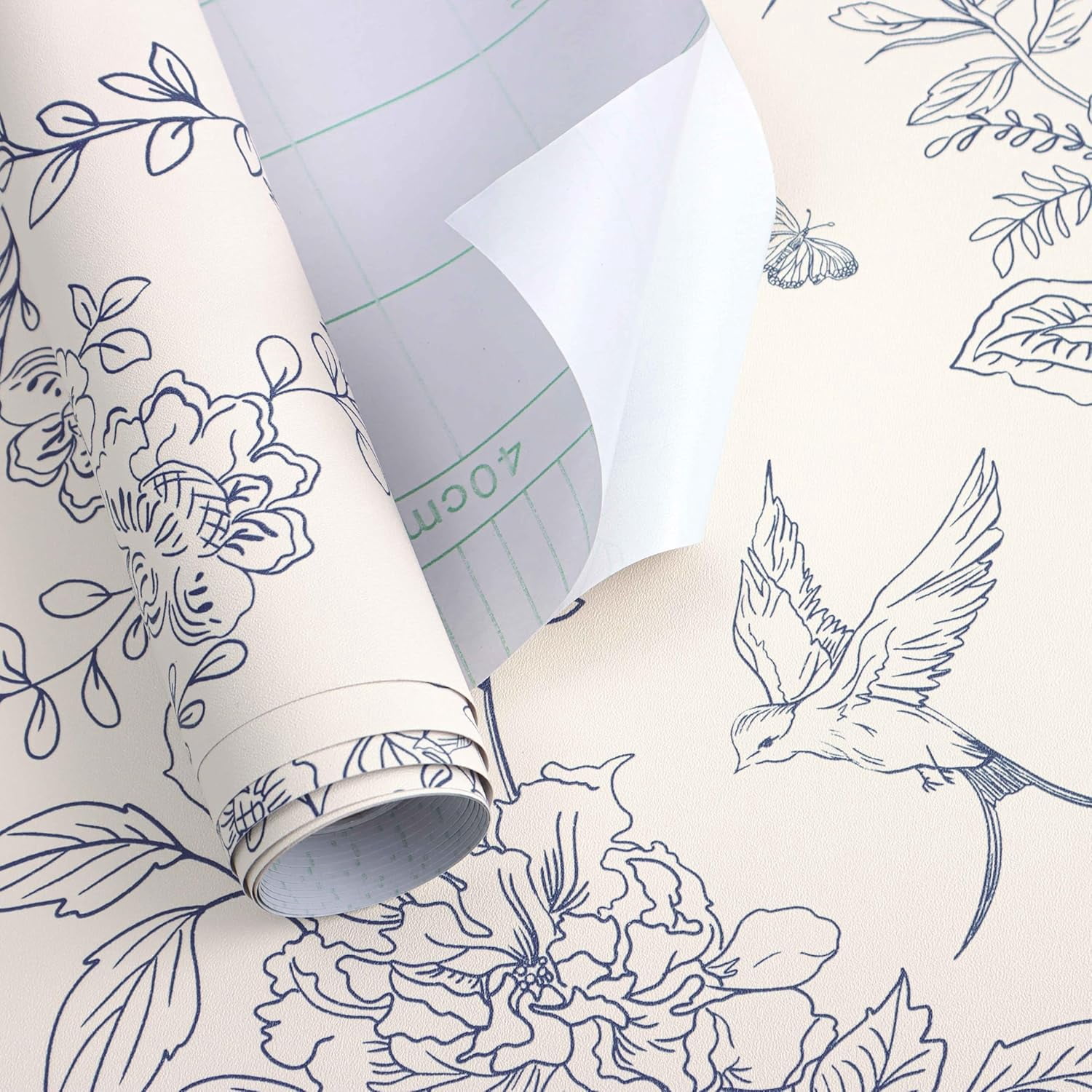 Usachibb Vintage Floral Peel and Stick Wallpaper, Removable Boho Contact Paper for Bedroom and Bathroom (Cream White and Blue, 17.7 in x 118.1 in) 7fljd
