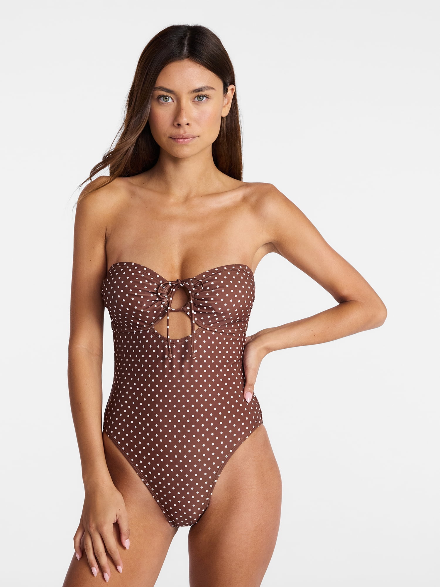 No Boundaries Polka Dot Tie Front Bandeau One Piece Swimsuit (Brown, XXS) 9upal
