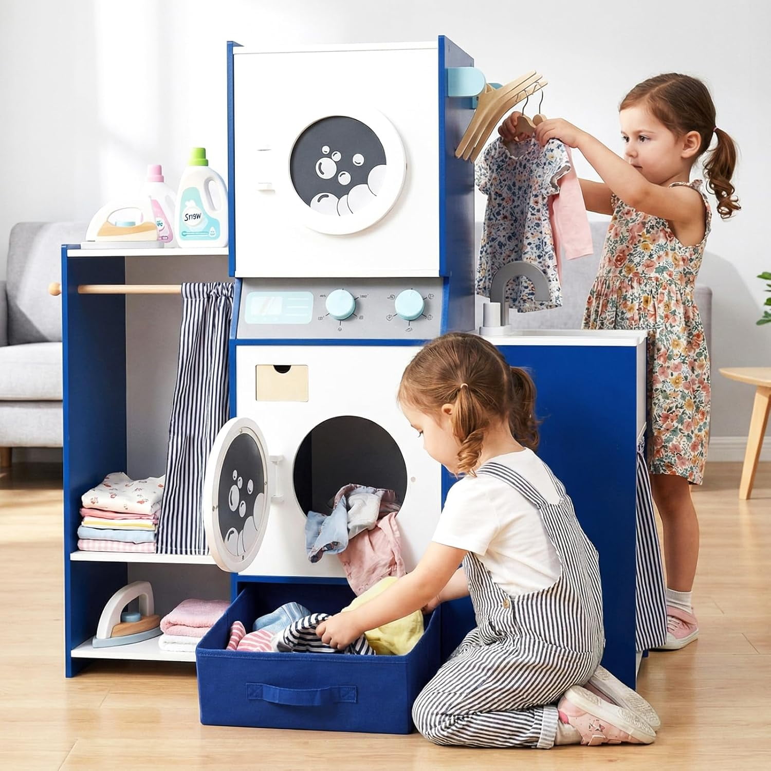 Olakids Kids Toy Washing Machine Playset, Wooden Pretend Laundry Center with Ironing Station and Accessories (Blue, 35 in x 12 in x 36 in) zg9cy