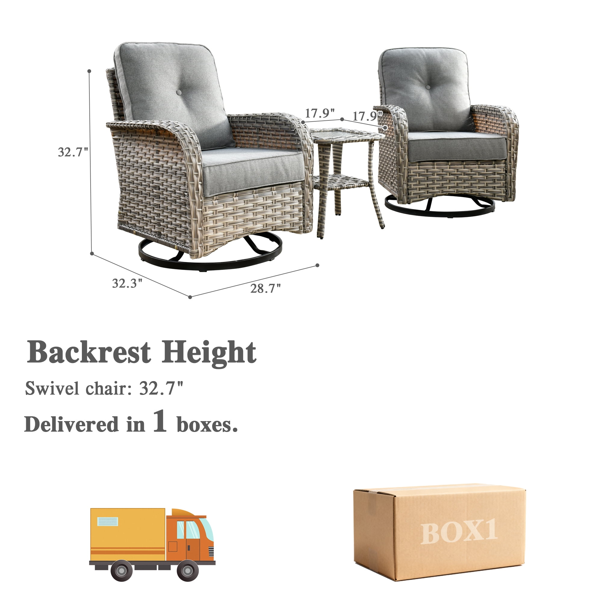 Ovios 3-Piece Patio Furniture Set, 2 Swivel Rocking Wicker Chairs with Side Table (Grey) qj3bv