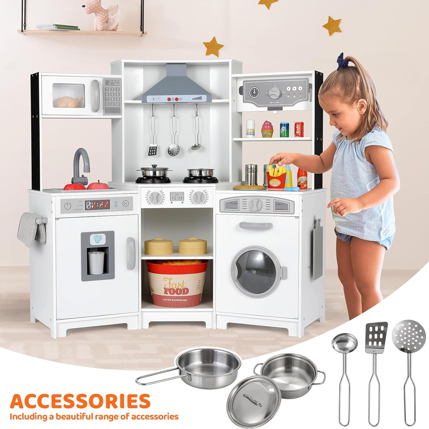 Pirecart Kids Corner Play Kitchen Wooden Cooking Pretend Playset with Lights and Sounds (White) imhzp