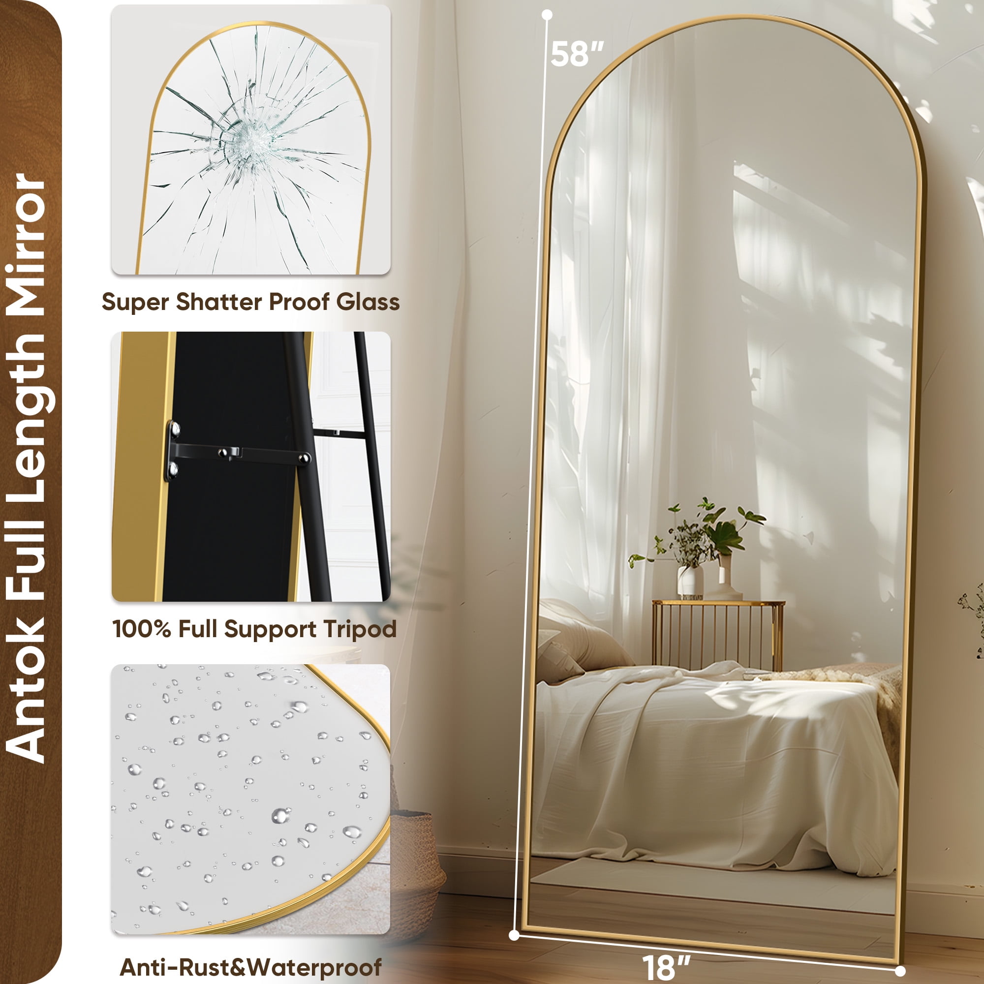 Antok Arched Full Length Floor Mirror, Standing Body Mirror for Bedroom and Living Room (Gold, 58 in x 18.1 in) v34q0