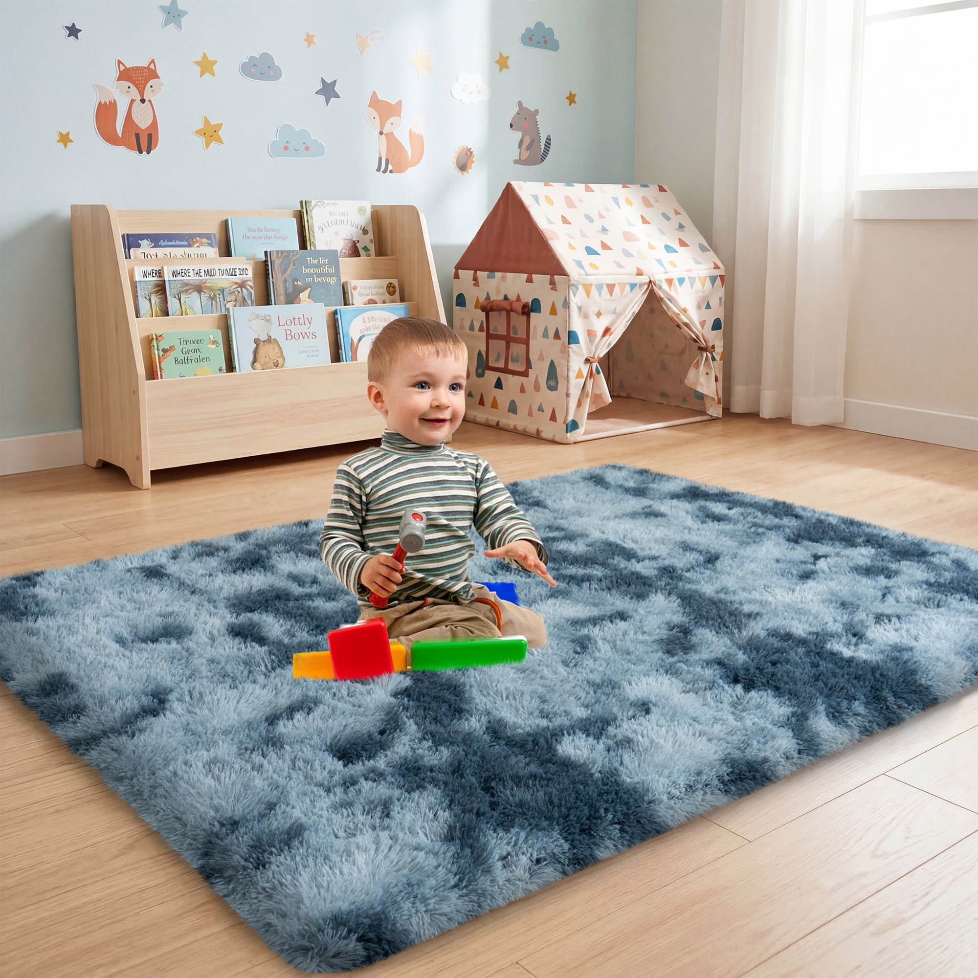 Zeneless Fluffy Area Rug, Super Soft Modern Indoor Carpet for Bedroom and Nursery (Blue and Gray, 4 ft x 6 ft) jyxpx