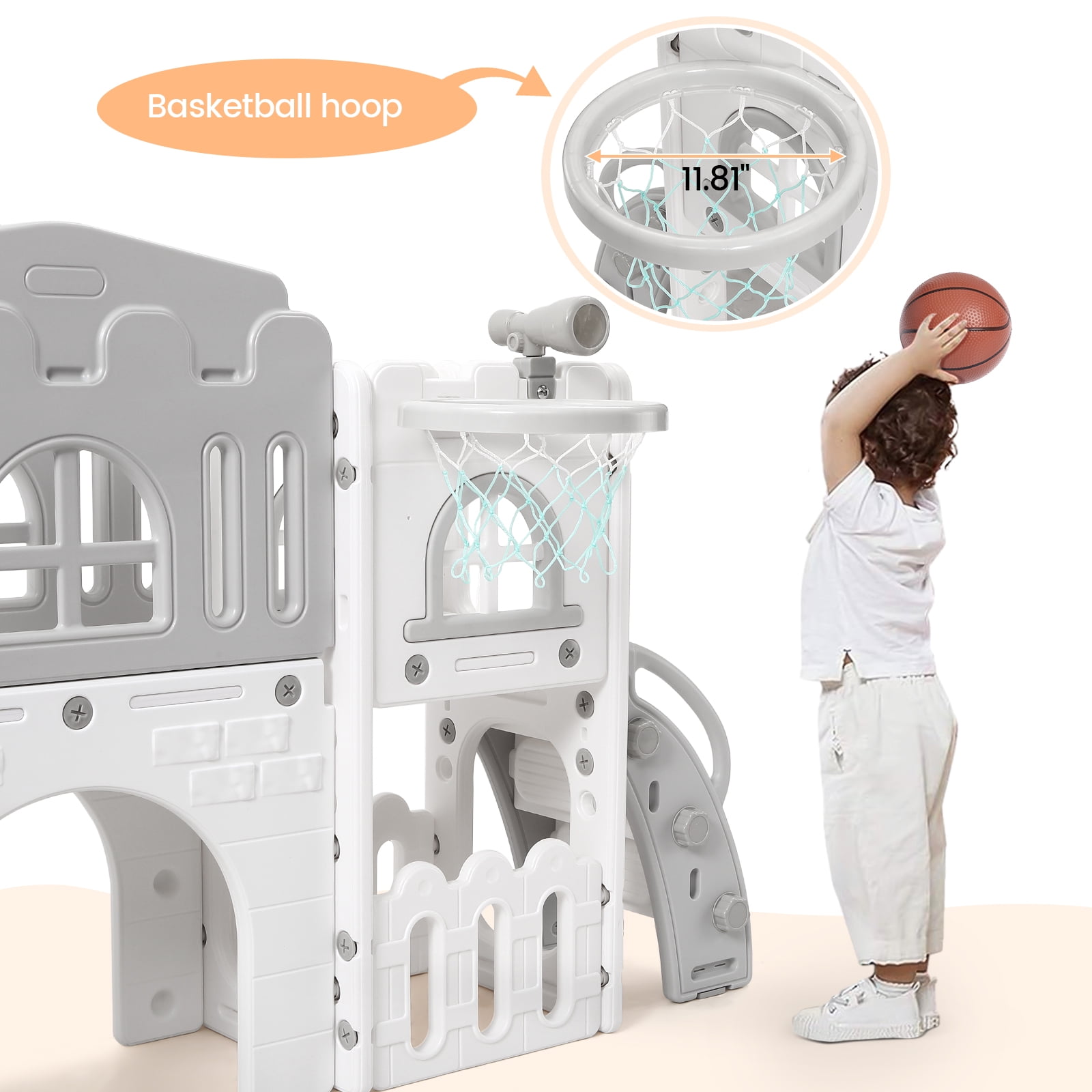Boupower 8-in-1 Toddler Indoor Outdoor Playset with Slide, Basketball Hoop, and Climbing Tunnel (Grey, 1 Pack) 2kphb