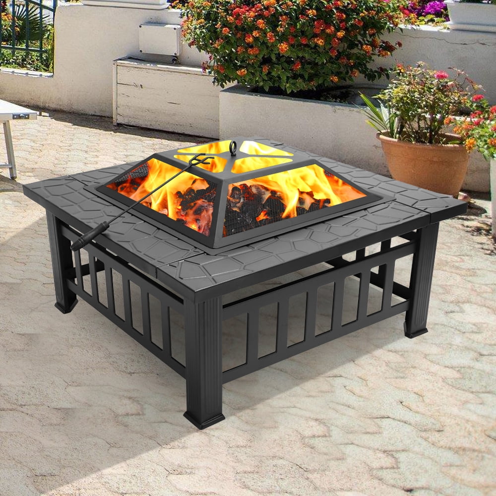 Zimtown 32 in Square Metal Fire Pit with Spark Screen and BBQ Grate (Black, 32 in) ma39g