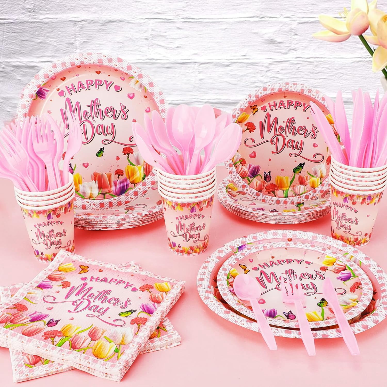 HOWAF Mother's Day Disposable Tableware Set, Floral Party Supplies for 20 Guests (Pink, 116 Piece) goy6w