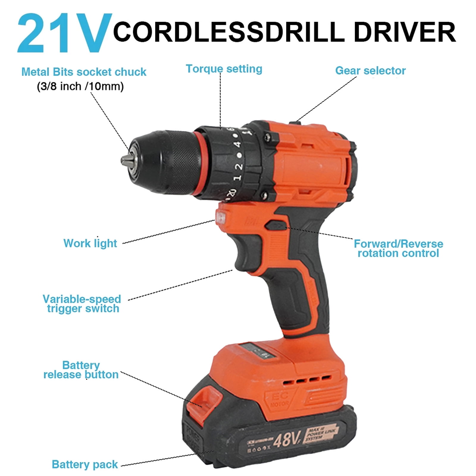 Susuzi 48V Cordless Power Drill Set with 34-Piece Accessory Kit, 2-Speed Variable Control, 3/8 in Keyless Chuck, and LED Work Light (3.8 lb) djc62