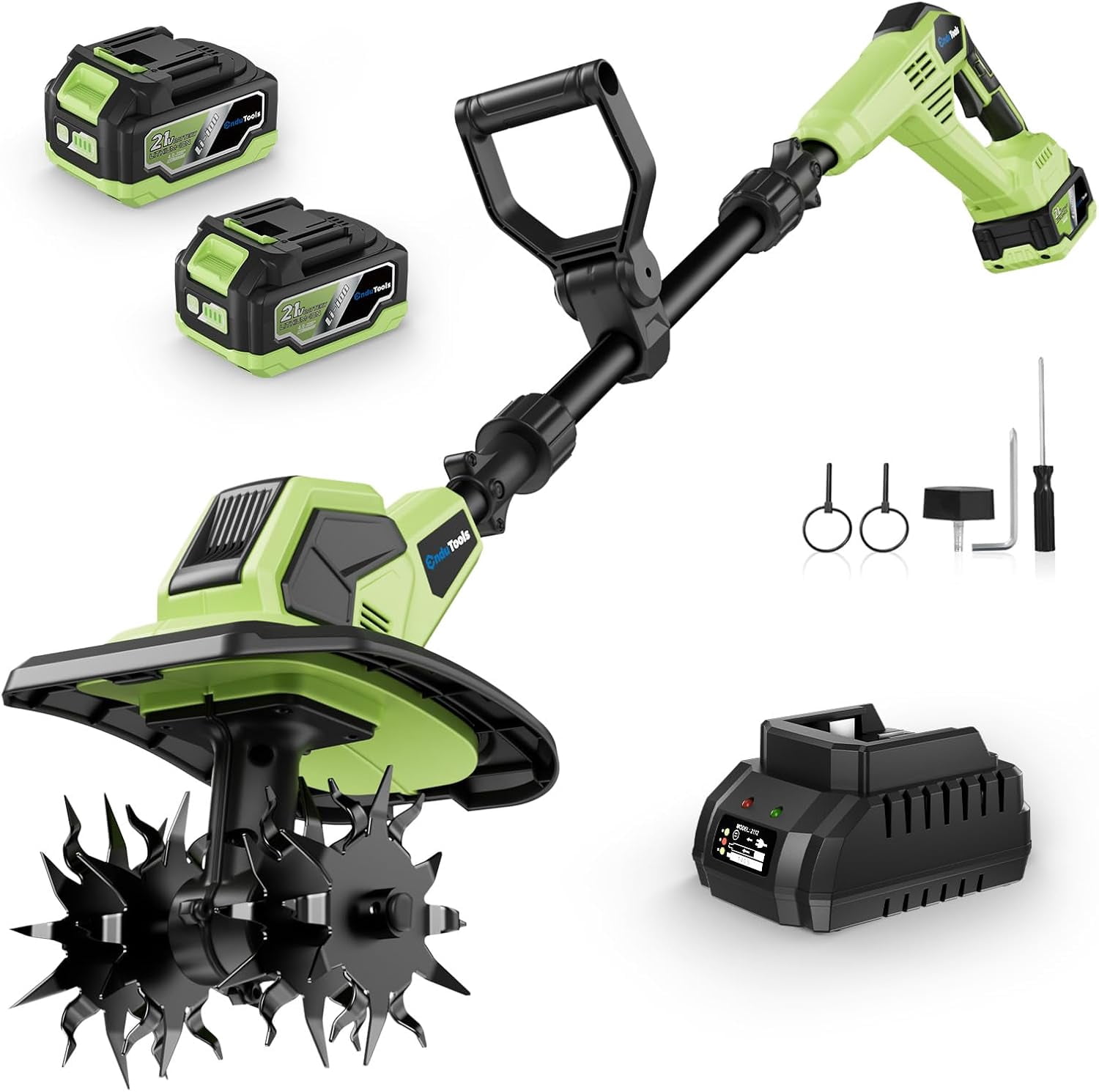 Protmex Cordless Garden Tiller Cultivator, Electric Rototiller for Soil Preparation, 9 in Tilling Width, 6.7 in Depth (21V, 2 x 4.0Ah Batteries) dmpt8