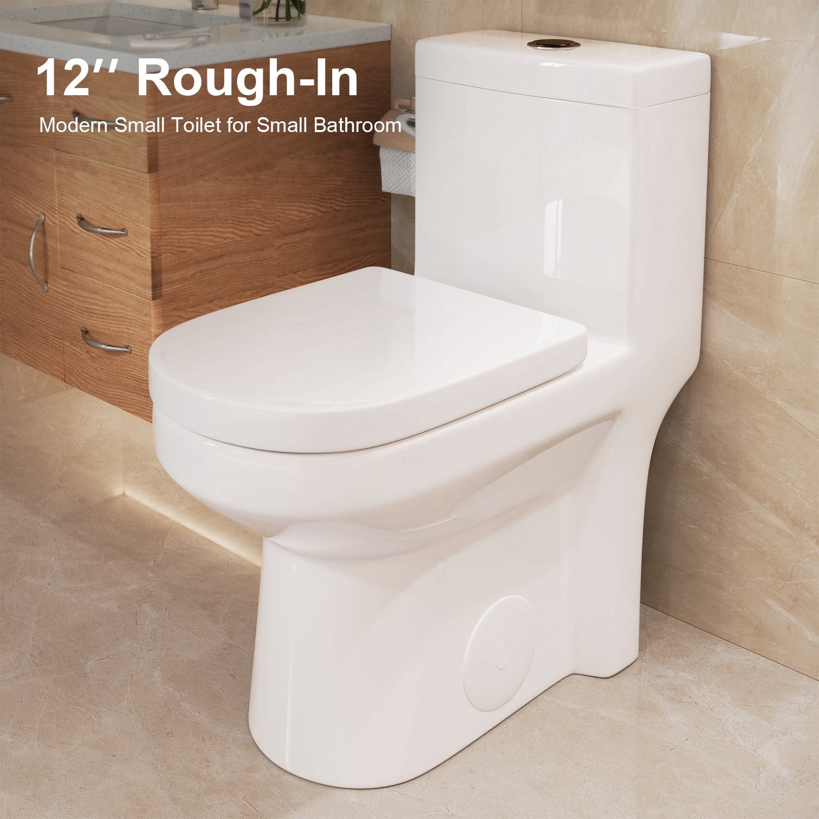 HOROW Compact One-Piece Elongated Toilet, Dual Flush Water-Saving Bathroom Commode (White, 12 in Rough-in) v7ila