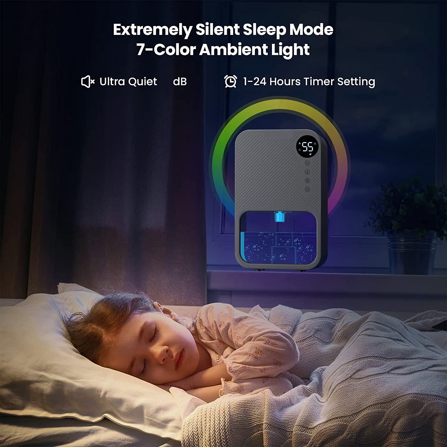 Ailkin Portable Mini Dehumidifier for Home, Ultra Quiet Electric Moisture Absorber with Humidity Display and 7-Color LED (White, 39 fl oz) 0440r