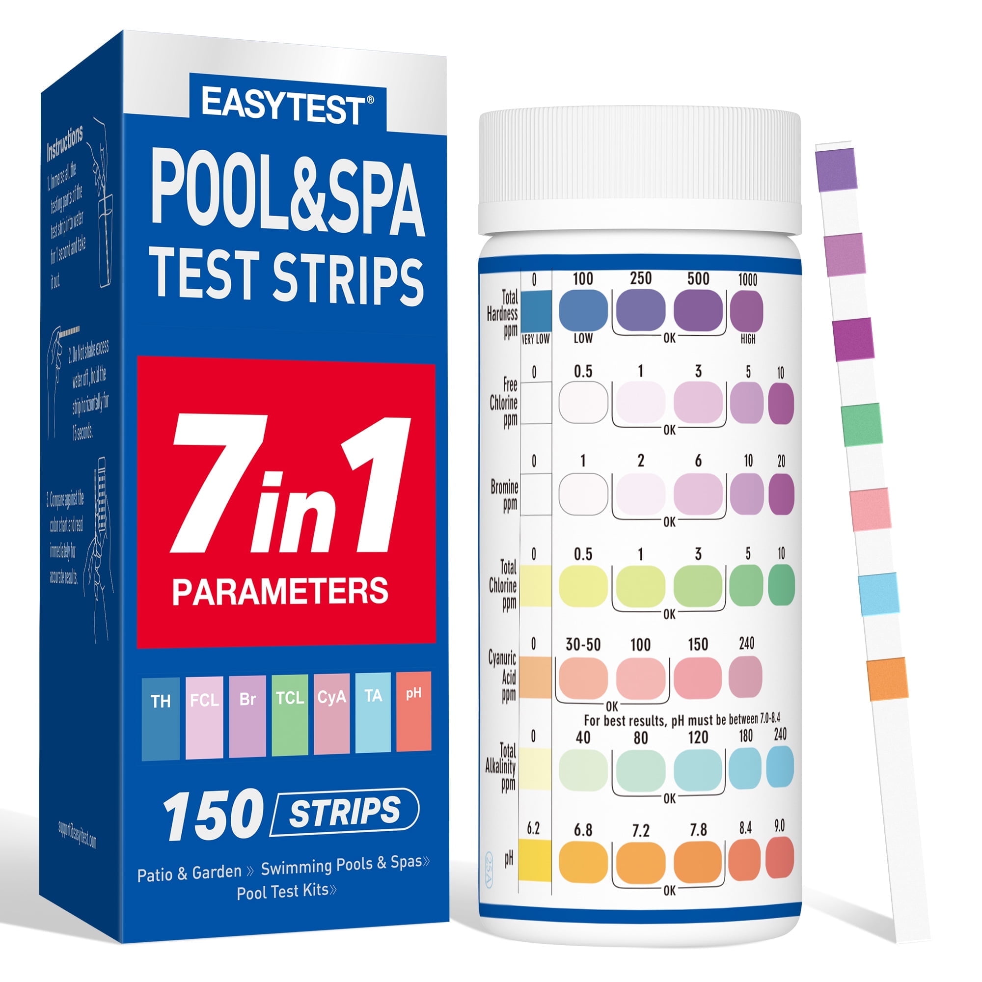 EASYTEST 7-in-1 Pool and Spa Water Quality Test Strips, Accurate pH, Chlorine, and Hardness Testing (150 Strips) 73srx