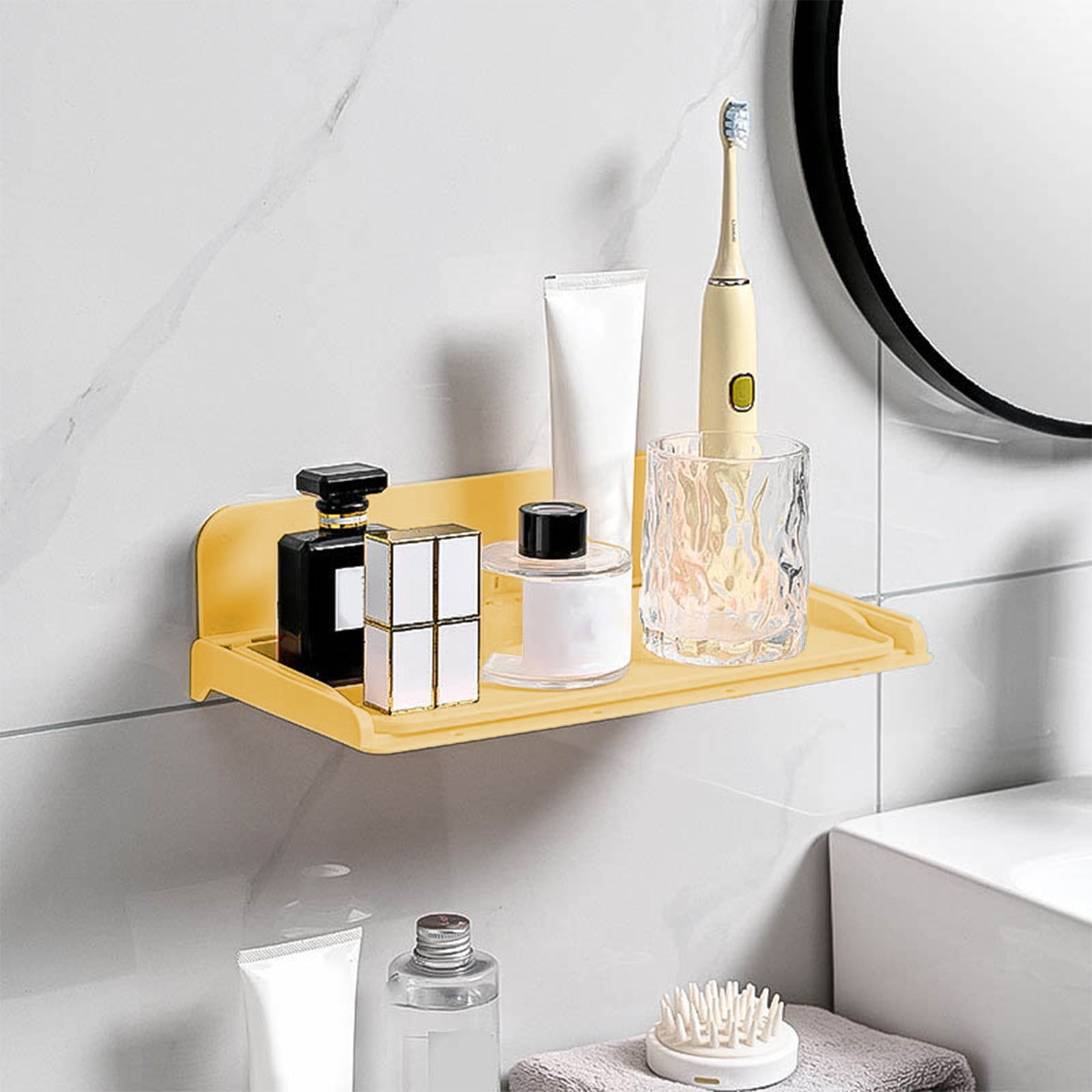 HWUXMO Wall Storage Shelf, No-Drill Bathroom Organizer, Space-Saving Kitchen Rack (Yellow, 11.9 in x 8.5 in) 795xc