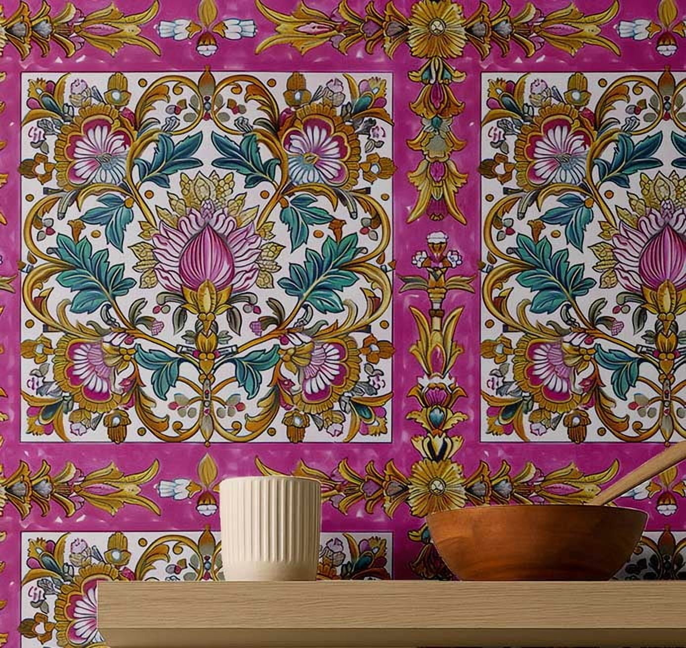 S4Sassy Peel and Stick Wallpaper, Arabesque Tile Pattern Removable Vinyl Wall Covering for Kitchen and Entryway (Pink, 25 in x 120 in) invk4