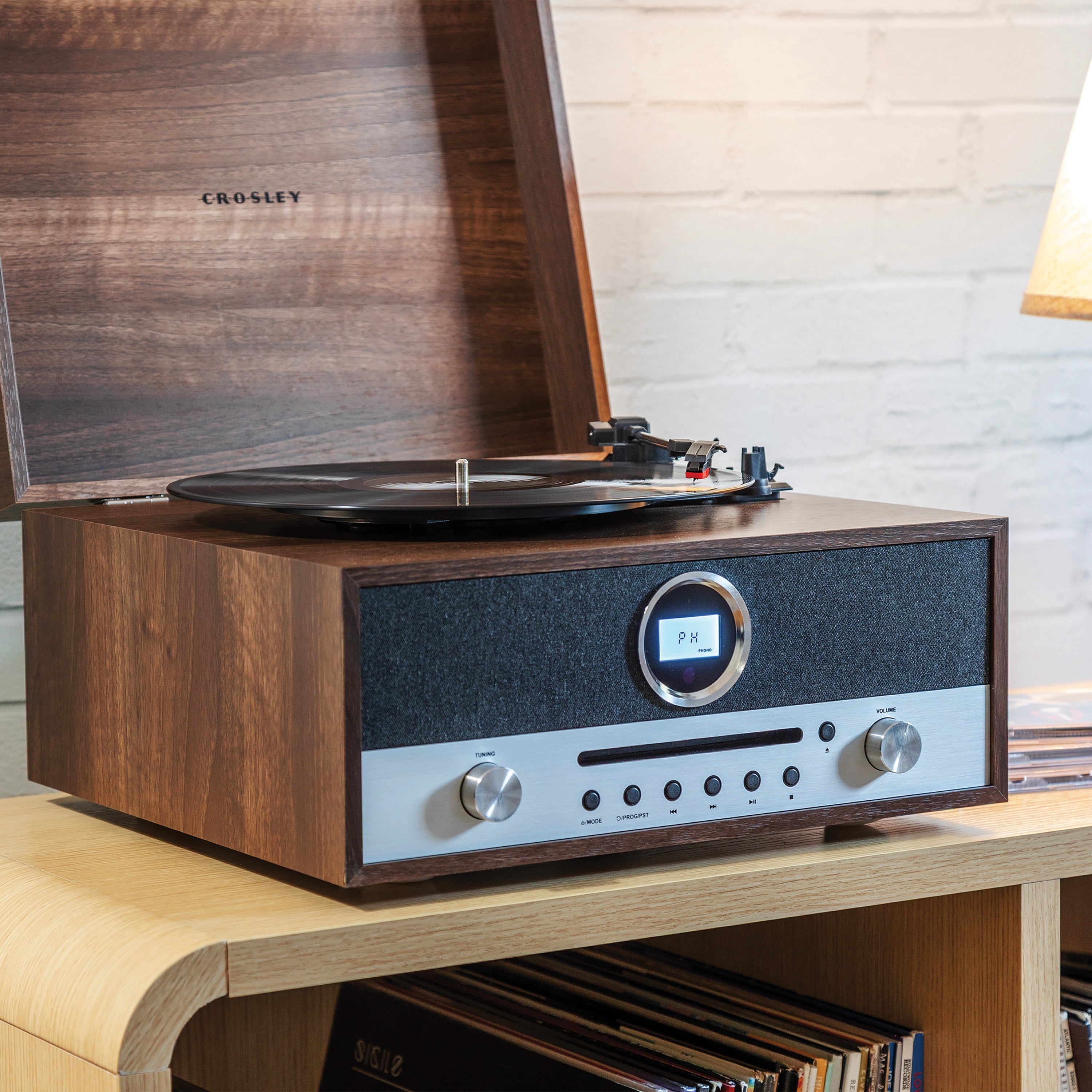 Crosley Nash 7-in-1 Record Player with Bluetooth (Wood, 17.5 in x 13.5 in x 9.5 in) 70vlu