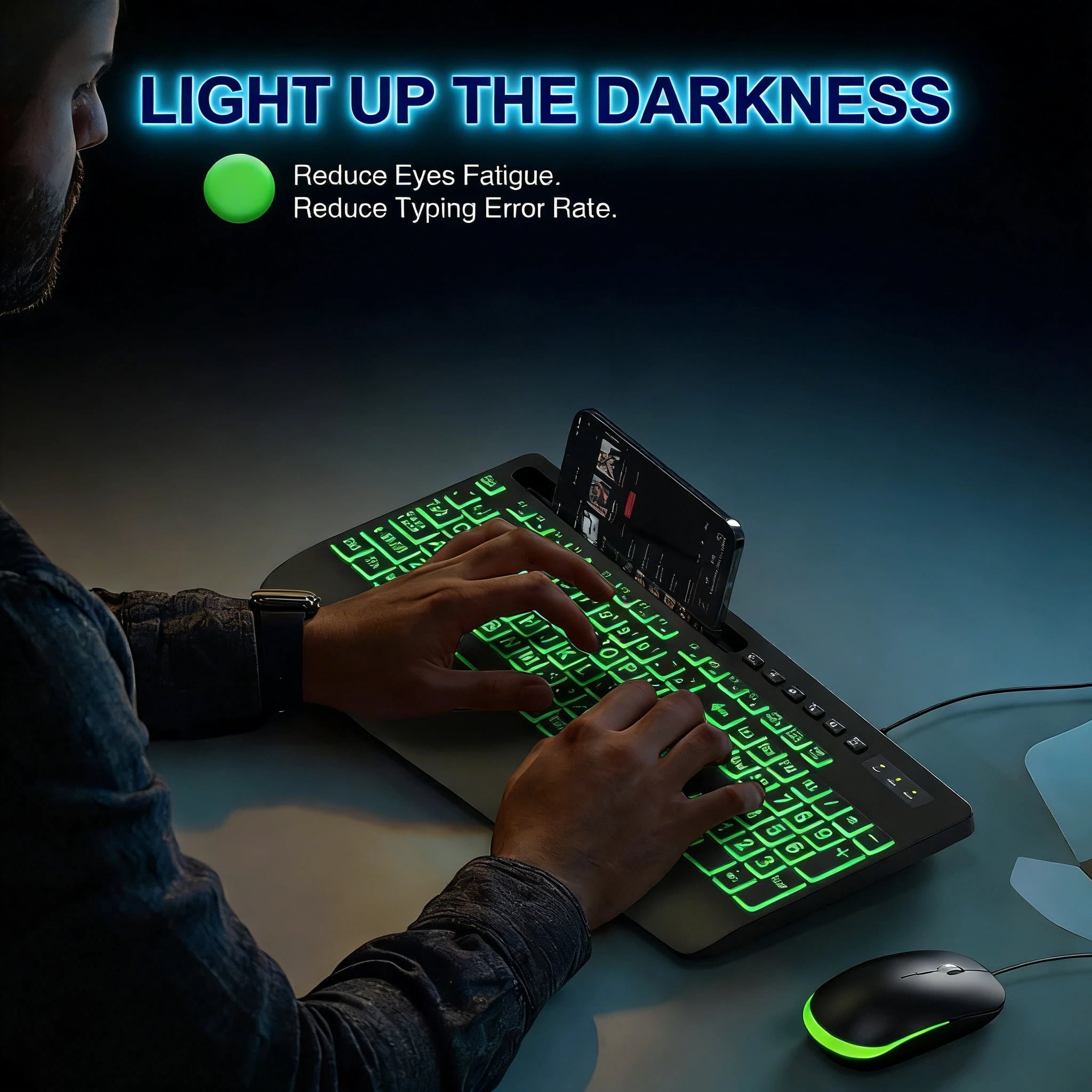 Wagpak Large Print Wired Backlit Keyboard with Ergonomic Wrist Rest and Phone Holder (Black, 18 in) i6cg0