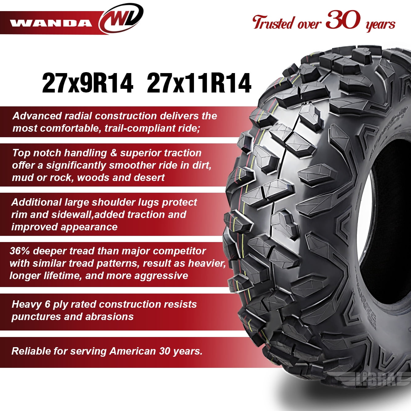 Wanda ATV Tires Full Set (27x9-14 Front & 27x11-14 Rear) Heavy-Duty 6-Ply Rated P3501 Tread for Hisun Strike Hector Tactic 1000 7ltd4
