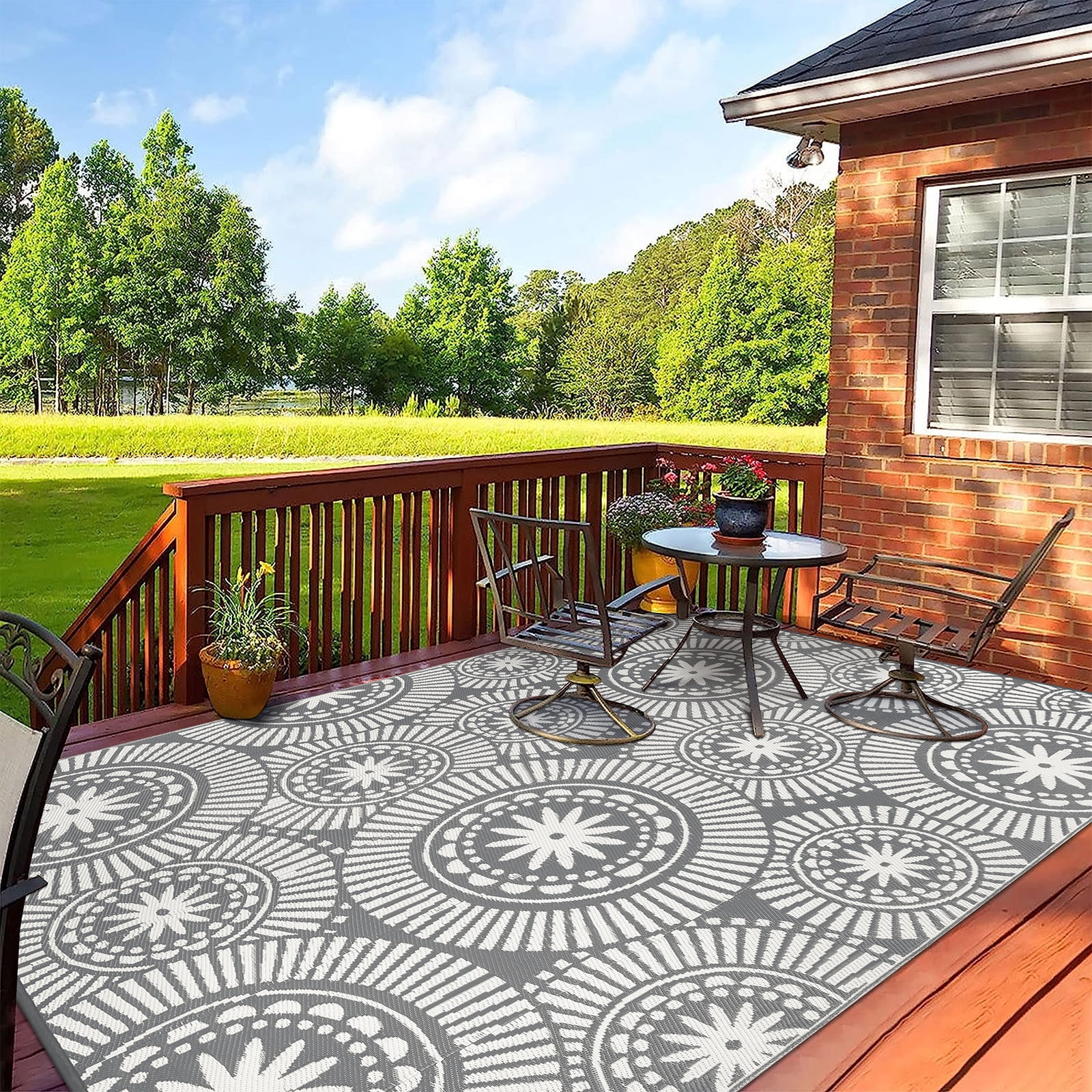 Ileading Reversible Outdoor Rug Floral Waterproof Patio Carpet (Grey, 6 ft Round) dj9ak