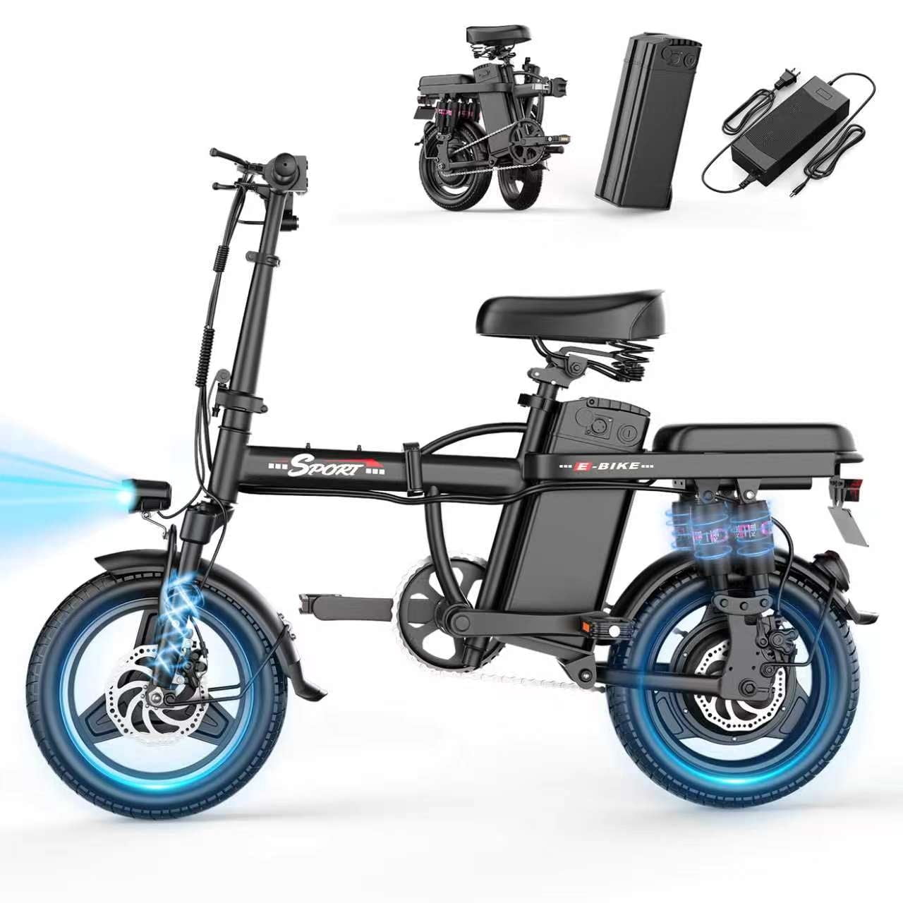 ASKGO Electric Bike for Adults, 500W Folding E-Bike with 48V Removable Battery, UL 2849 Certified Commuter Bicycle (Black, 14 in) 74aem