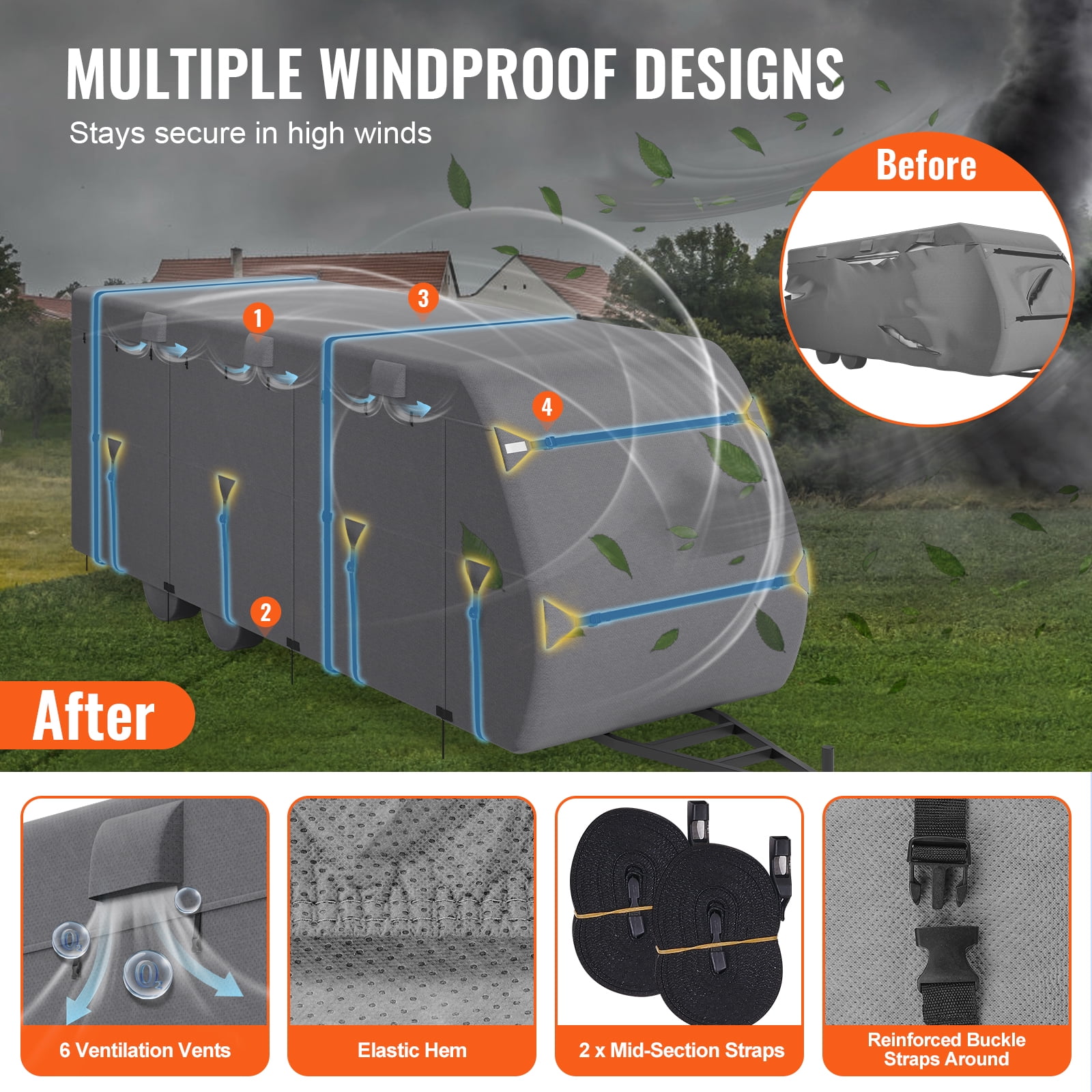 VEVOR Travel Trailer Cover (18-20 ft, Grey) Waterproof 4-Layer RV Camper Protector with Tire Covers and Storage Bag uwc3b