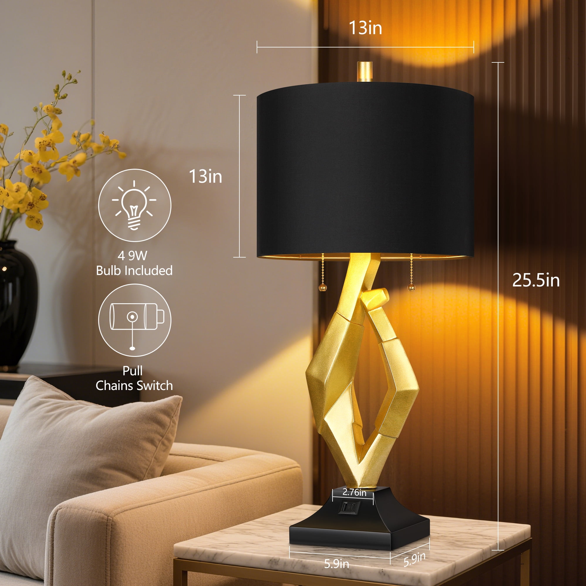 SparkGlowy Contemporary Resin Table Lamps with USB Charging Ports and Black Shades (Gold, 25.5 in) jw9tf