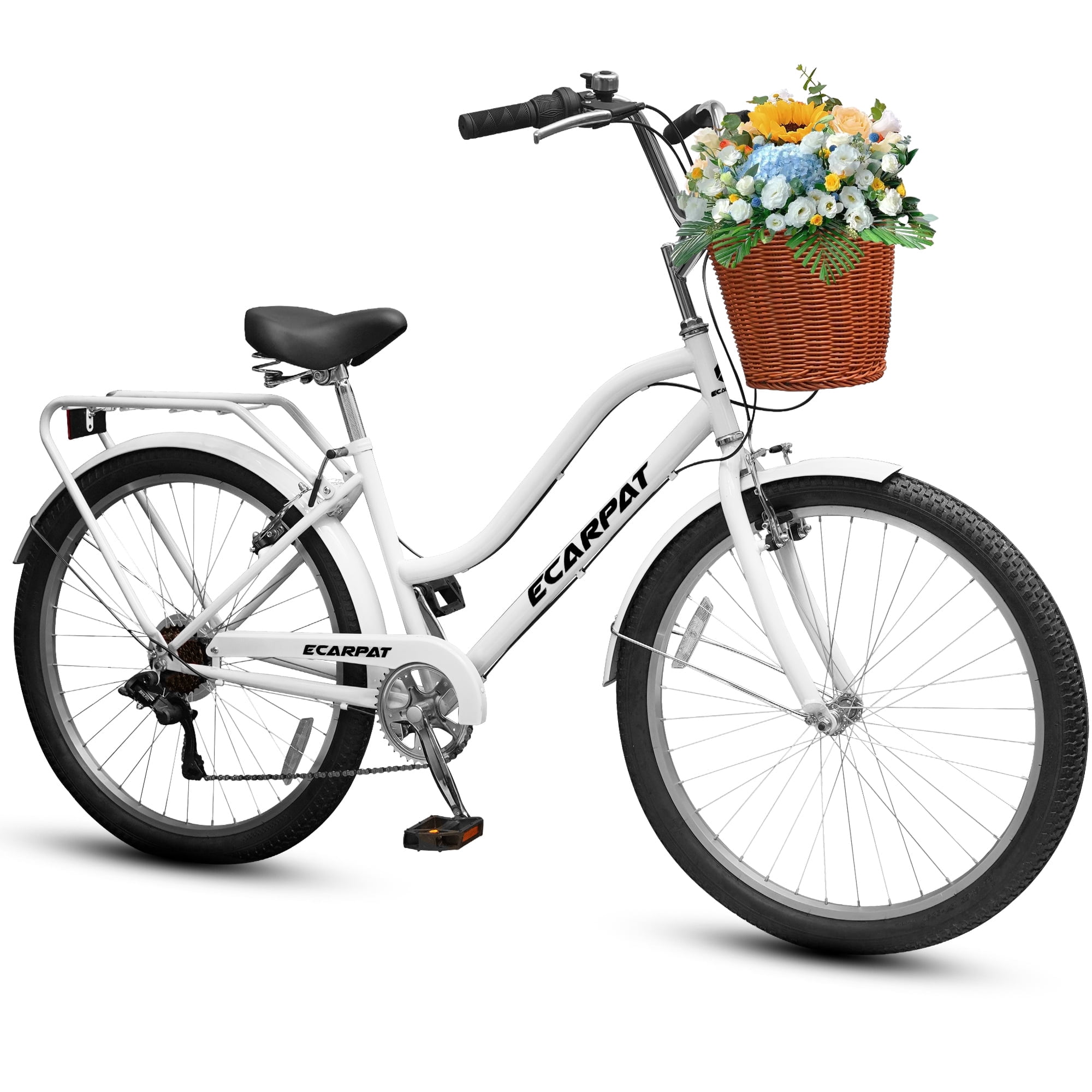 Ecarpat 26 Inch Beach Cruiser Bike for Women, 7-Speed Commuter Bicycle with Rear Rack and Basket (White, 26 in) xhzah
