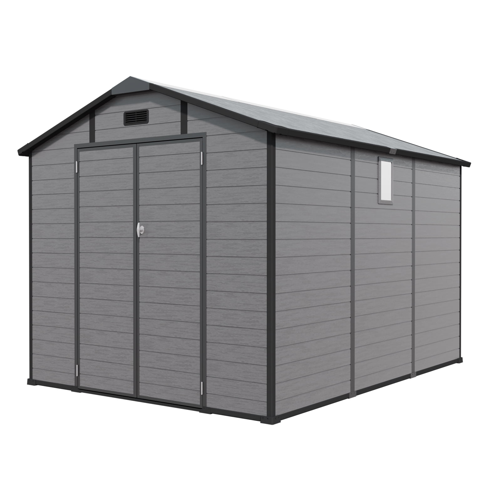 HomeMindful Large Outdoor Storage Shed, Weather-Resistant Resin Tool Shed with Floor, Skylight, and Lockable Double Doors (Dark Gray, 8x10 ft) px7hx