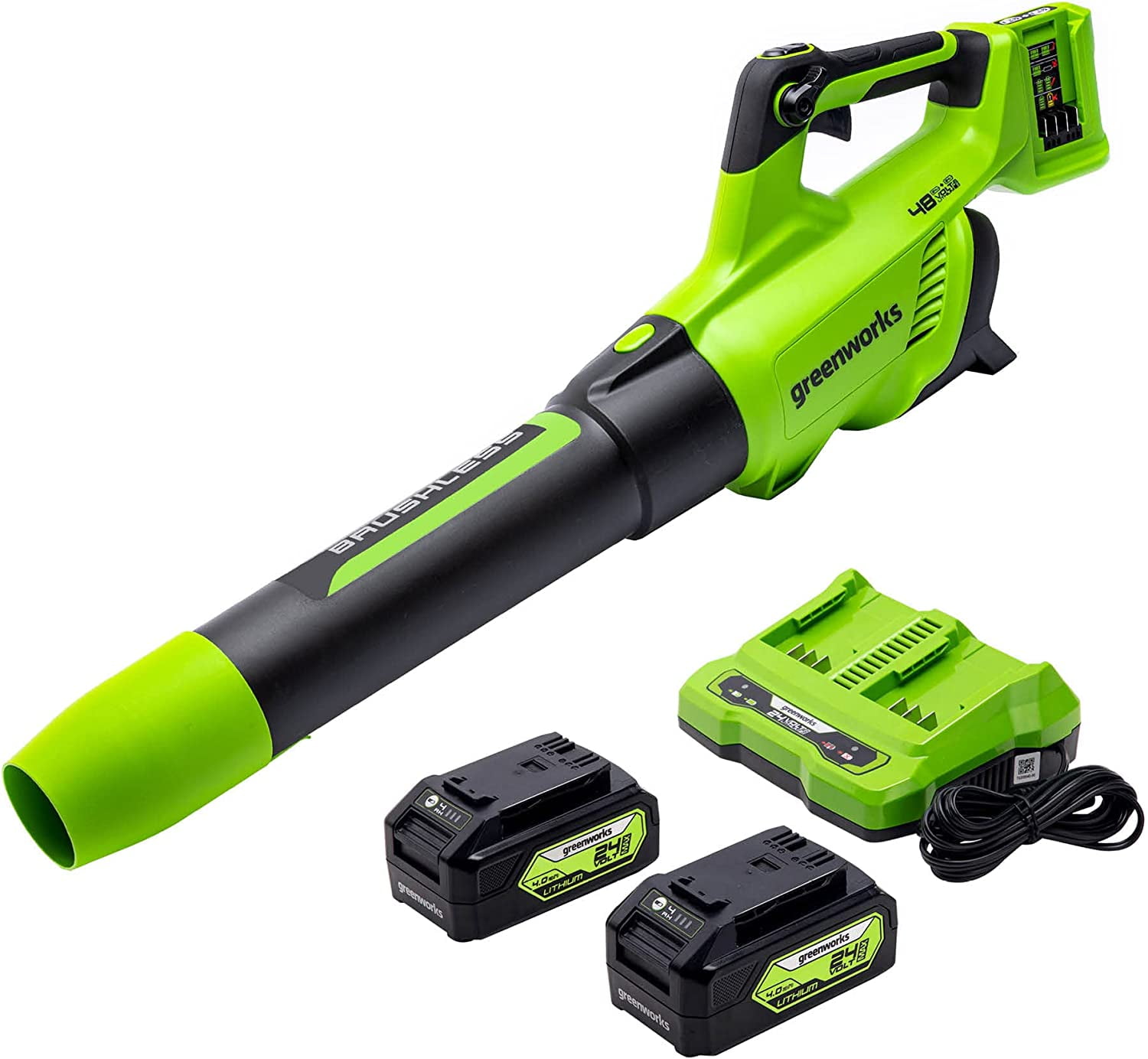 Greenworks 48V Cordless Brushless Axial Leaf Blower with (2) 4.0Ah Batteries and Dual Port Rapid Charger (140 MPH, 585 CFM) 4iumi