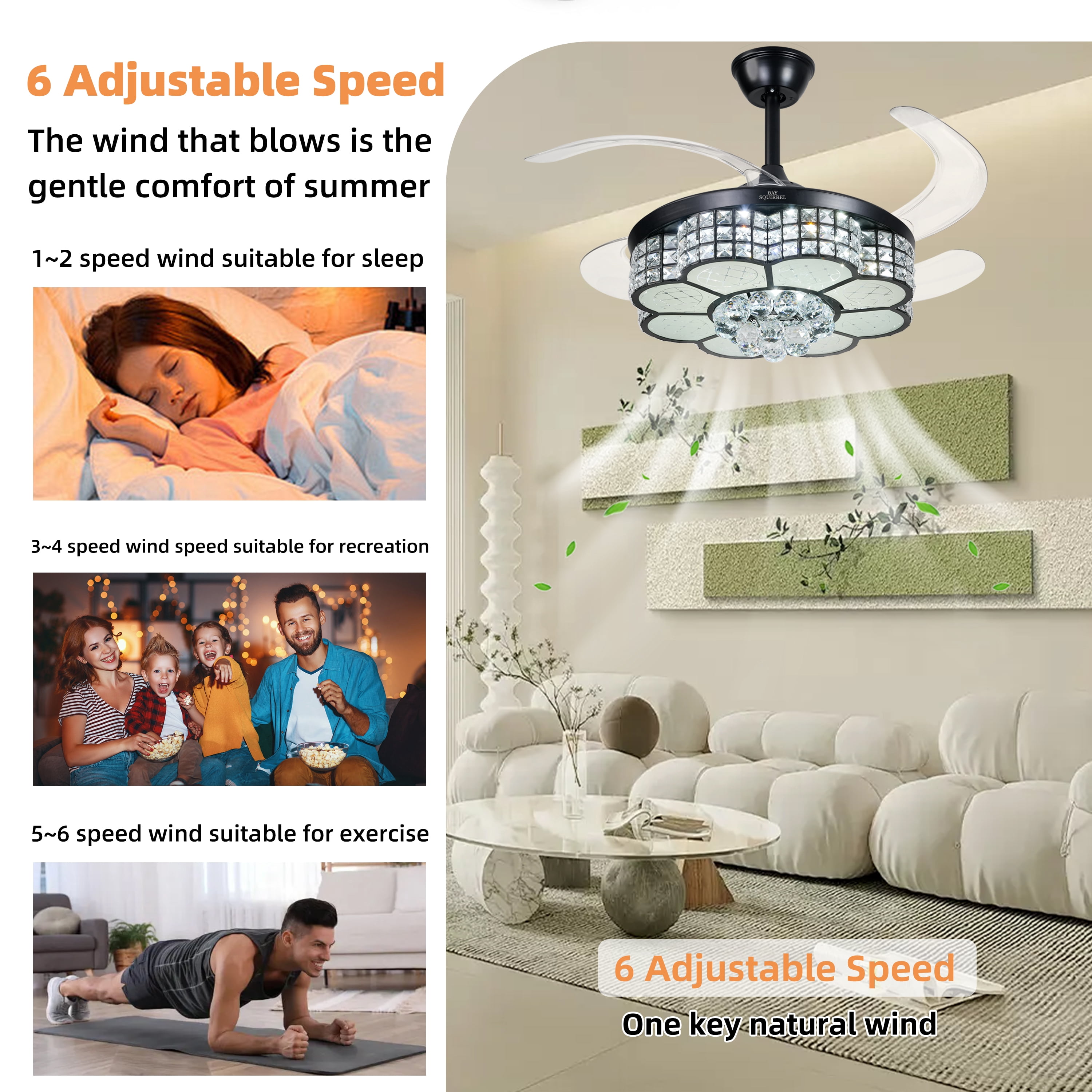 BAYSQUIRREL Retractable Crystal Ceiling Fan with RGB LED Light, Bluetooth Speaker, Remote & APP Control (42 in) 68jc5