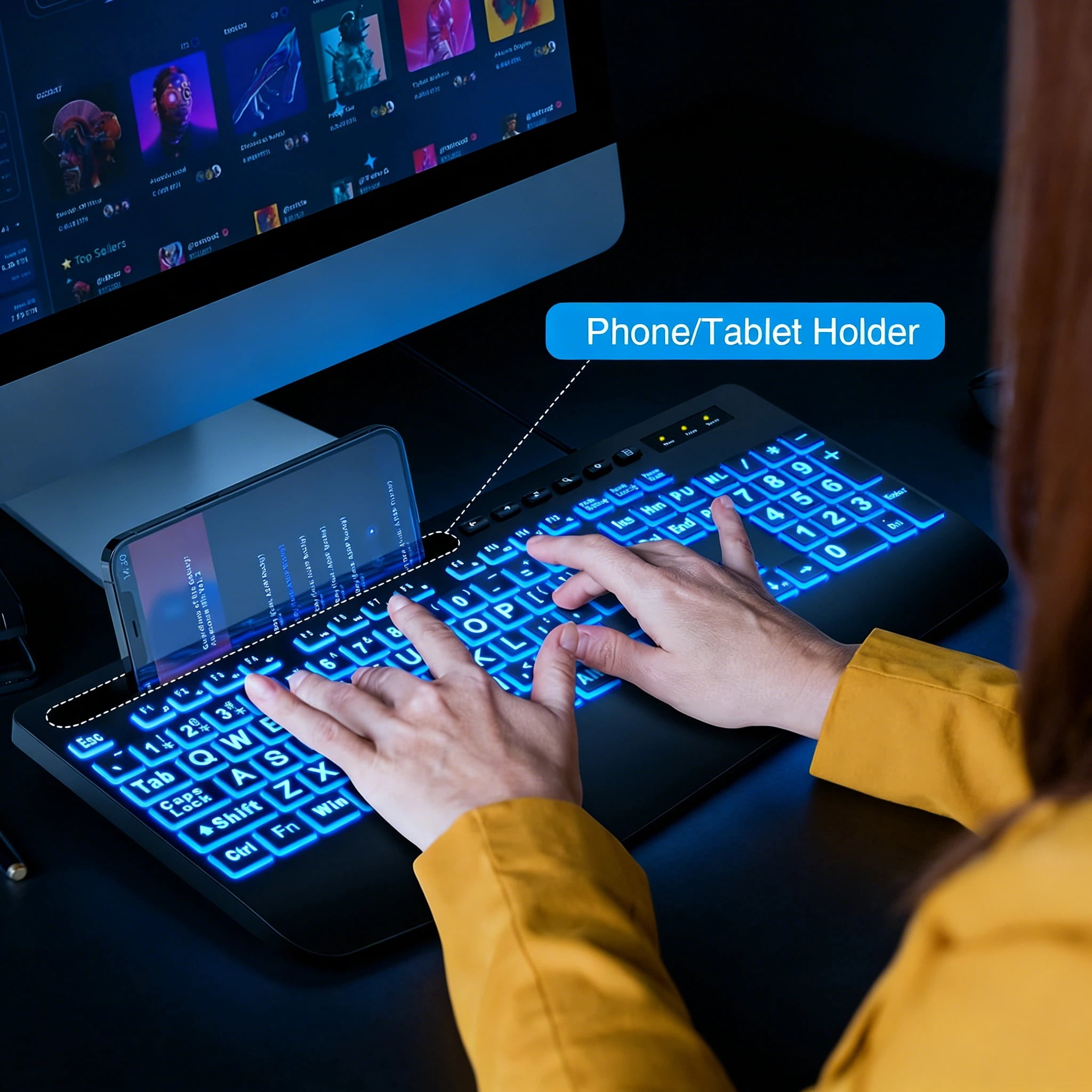 Wagpak Large Print Wired Backlit Keyboard with Ergonomic Wrist Rest and Phone Holder (Black, 18 in) i6cg0