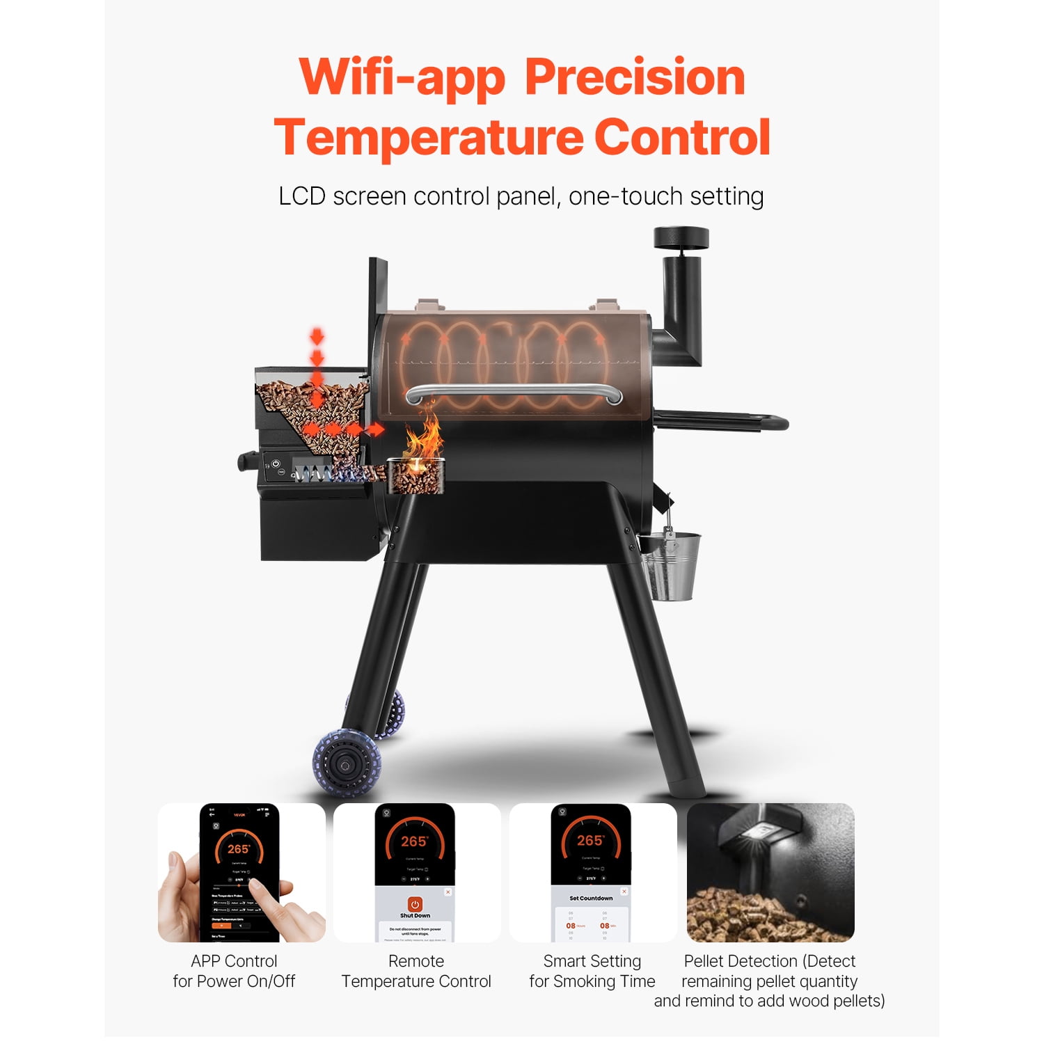 KFFKFF Wood Pellet Grill Smoker, Multifunctional Outdoor BBQ Grill with WiFi App Control (Silver, 575 sq in) 3smzn