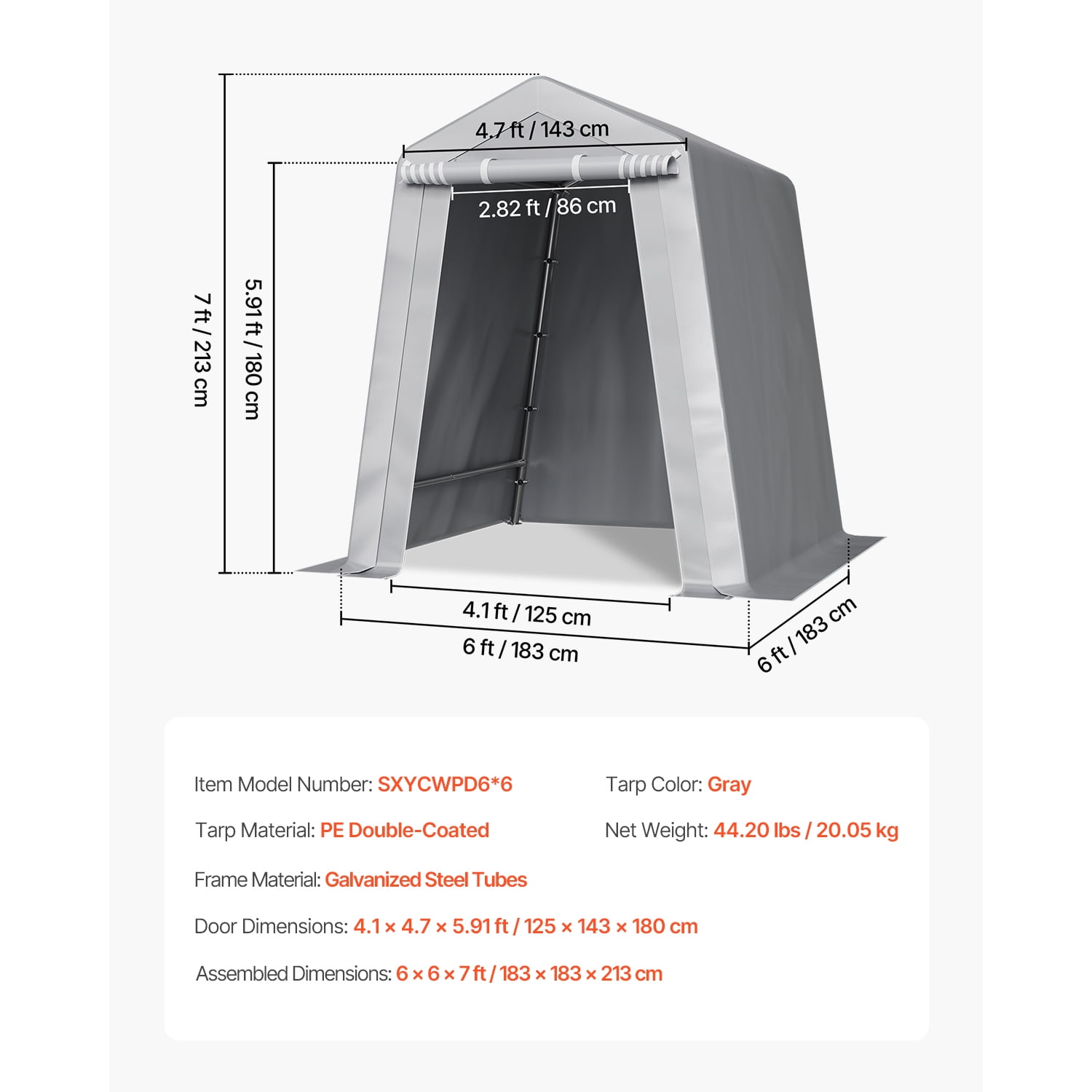 KFFKFF Outdoor Storage Shed, Weather-Resistant Portable Canopy Shelter with Roll-up Door (Grey, 6 x 6 ft) lmwa1