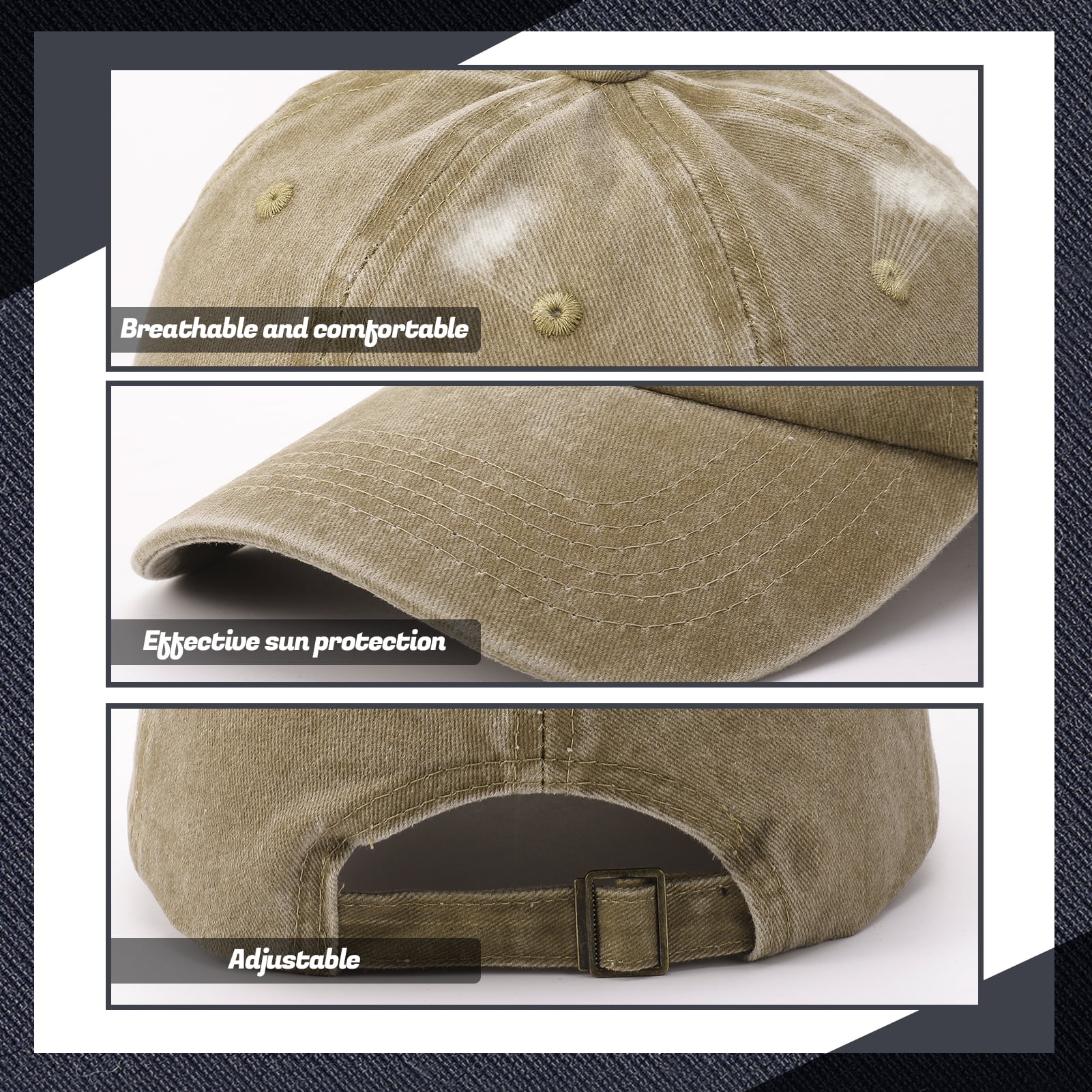 Bocaoying Washed Cotton Baseball Cap 3-Pack, Breathable Retro Adjustable Dad Hat for Men and Women (Black/Grey/Khaki, 22-23.6 in) xd5mw