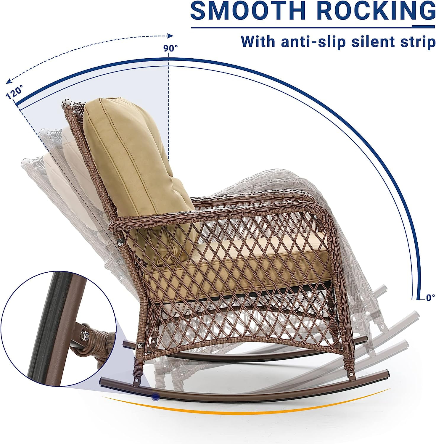 TECHMILLY 3-Piece Outdoor Rocking Chair Set, Wicker Patio Furniture with Cushions and Side Table (Beige, 37 in x 30 in x 38 in) 101ny