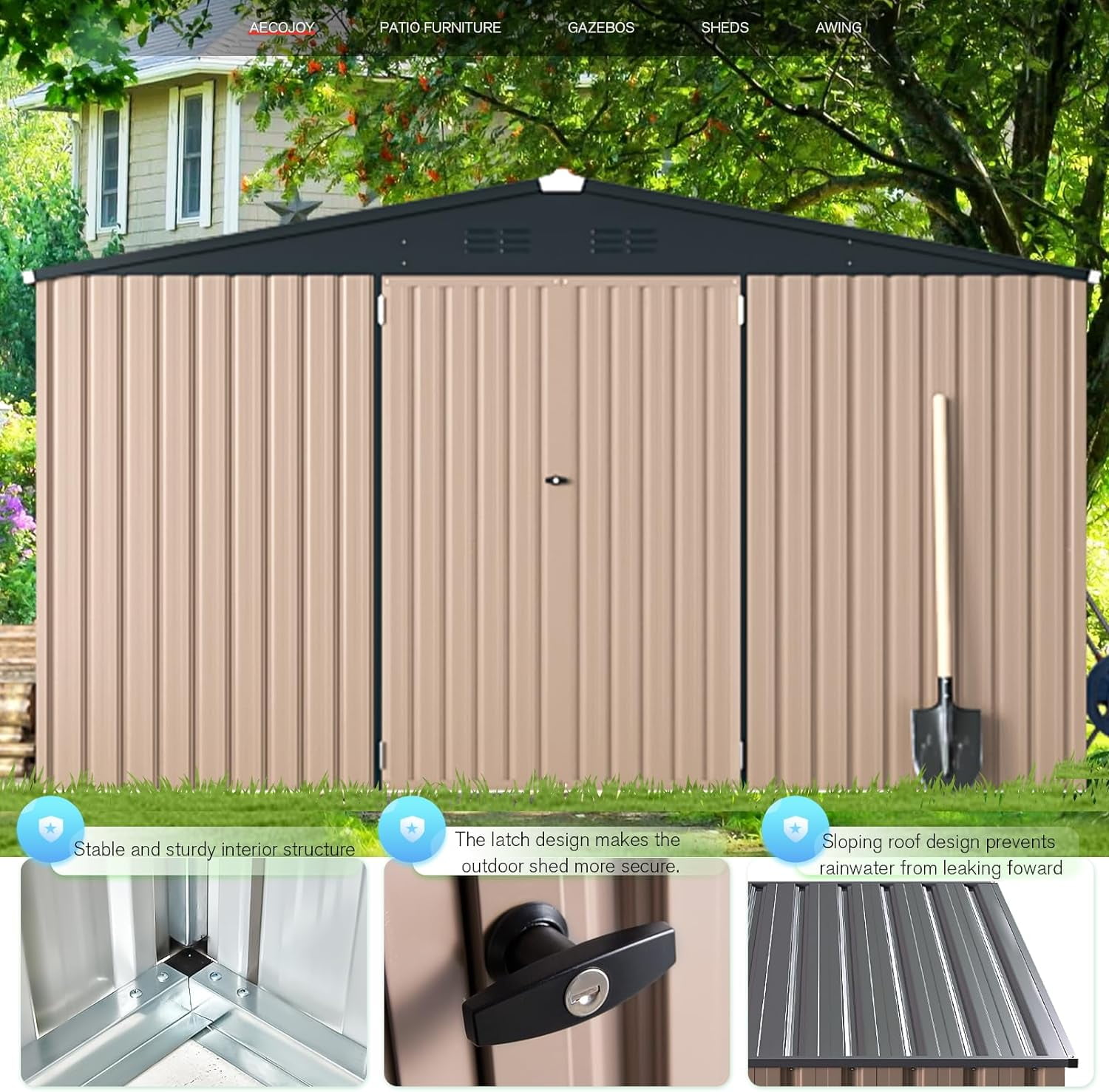 AECOJOY Outdoor Storage Shed, Weather-Resistant Galvanized Steel Garden Building with Lockable Double Doors (Brown, 12 ft x 10 ft) 8jmiy