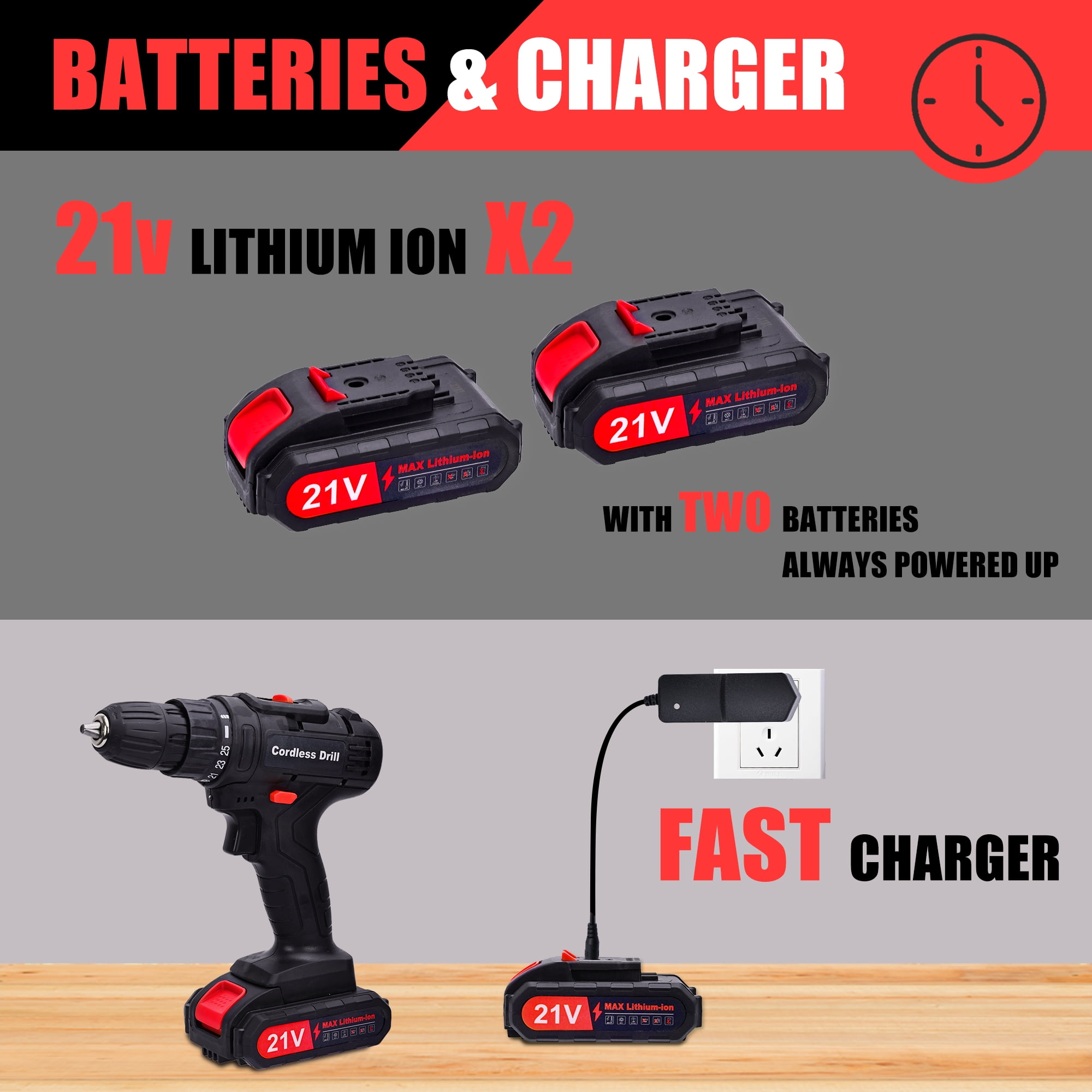HDJ 21V Cordless Drill Driver Set with 2 Batteries, 3/8 in Keyless Chuck, Variable Speed (Black, 3.37 lb) msh9o
