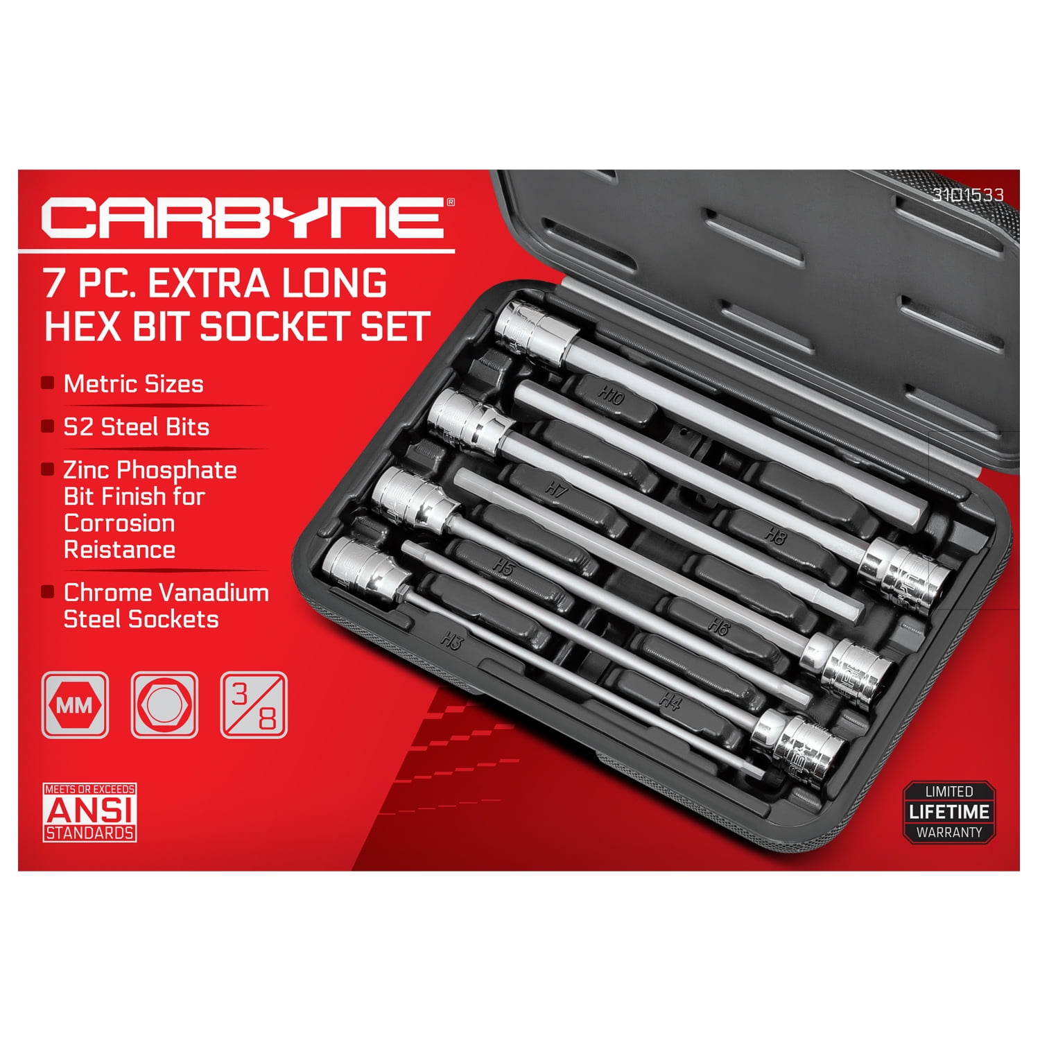 Carbyne 7-Piece Extra Long Hex Bit Socket Set, 3/8 in Drive, Metric Sizes (3mm to 10mm) cf4ct