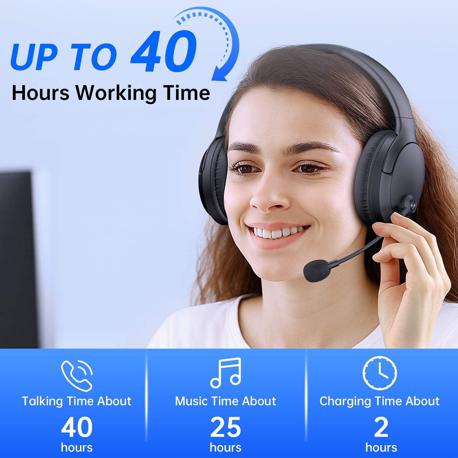 AYEDLOE Wireless Headset with AI Noise Cancelling Microphone for Work (Black, 1 Pack) qtdoa