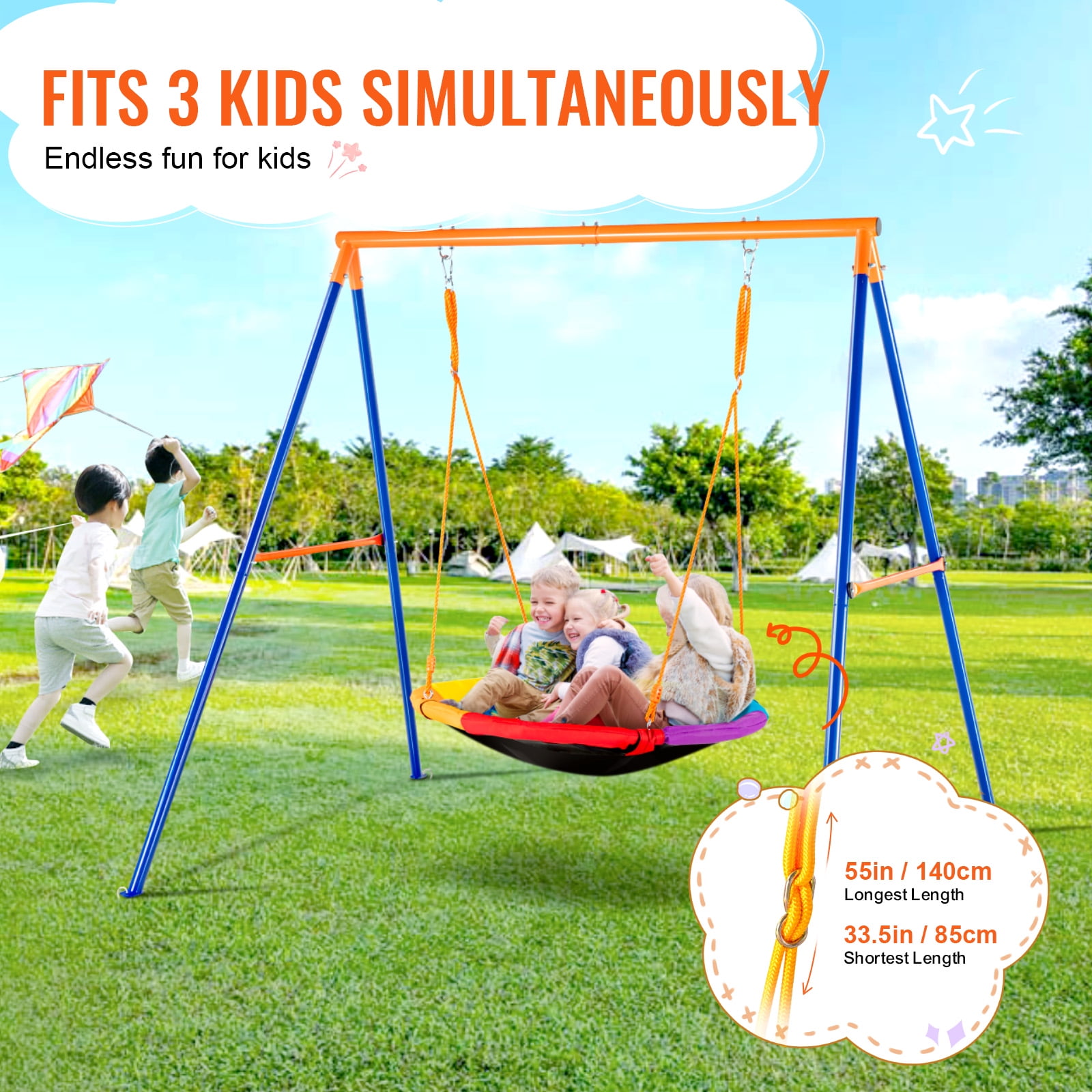 KFFKFF Outdoor Swing Set, Heavy-Duty A-Frame Metal Stand with 40 in Circular Seat, Adjustable Cord (Orange, 440 lb) 1ynm2