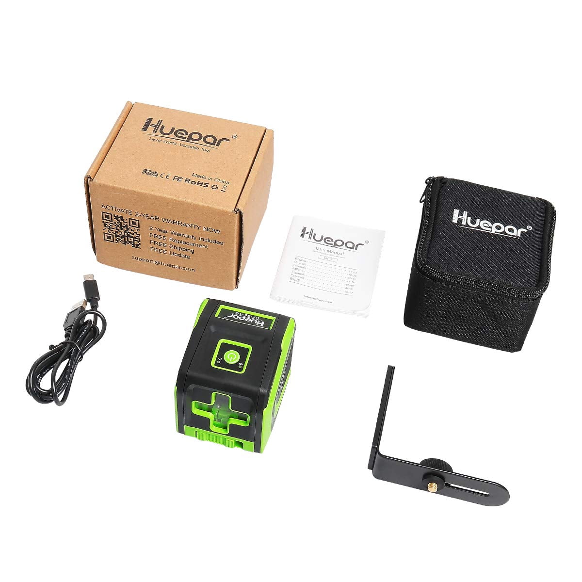 Huepar Self-Leveling Green Beam Laser Level Cross Line Tool with Rechargeable Battery (Green, 165 ft) 2pppu