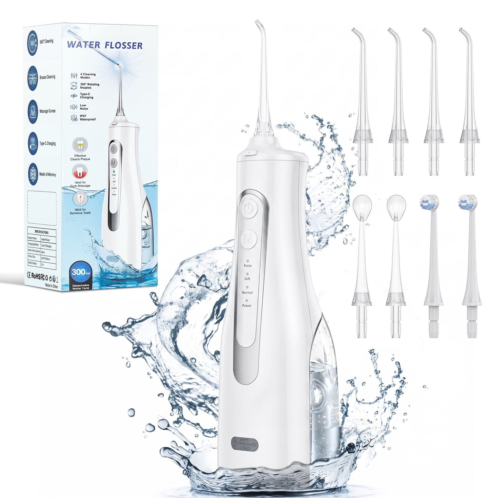 Cshidworld Portable Oral Irrigator, Professional Electric Water Flosser for Teeth Cleaning with 5 Modes and 8 Replacement Tips (White, 10.14 fl oz) 2vge3
