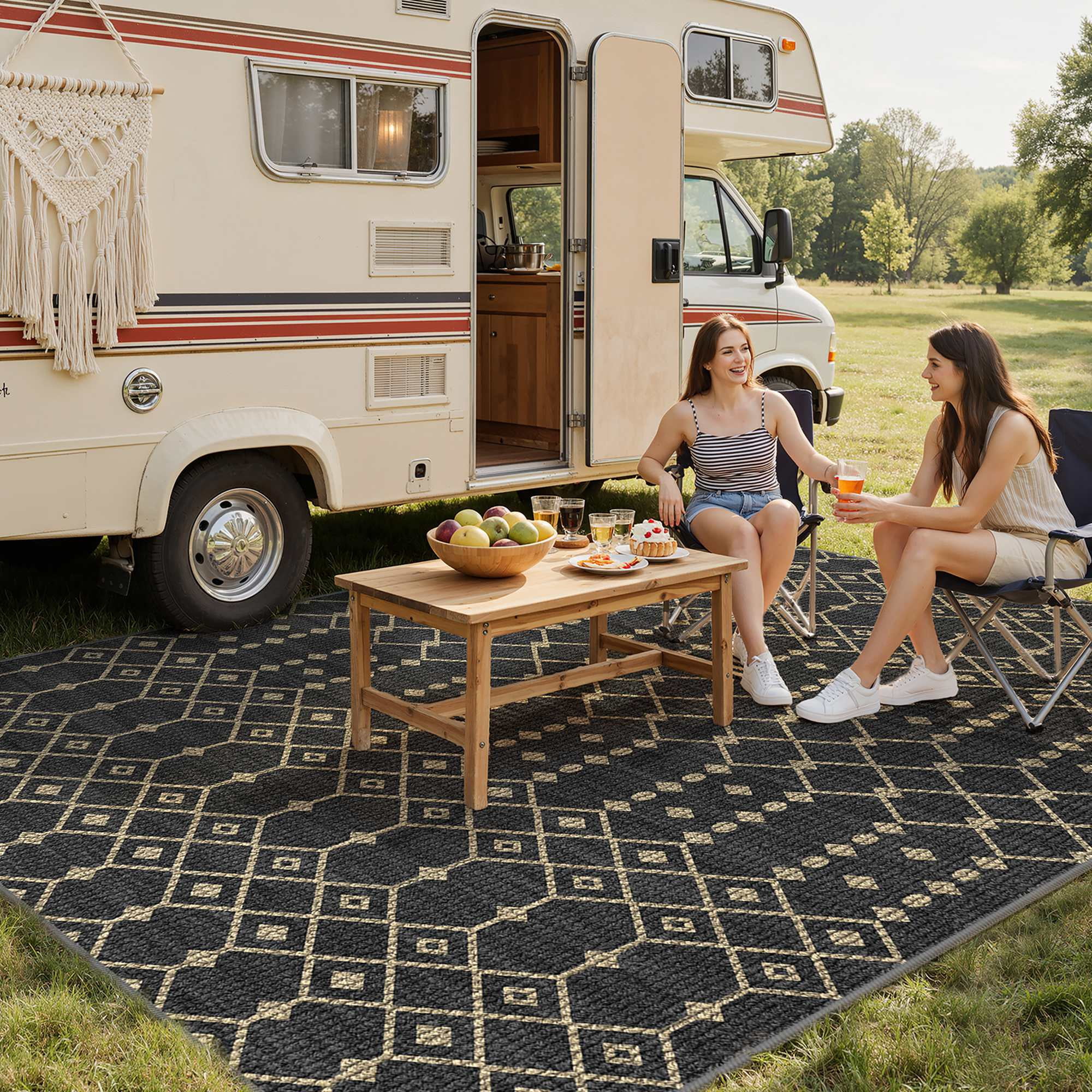 DEORAB Outdoor Rug (Black & Beige, 5 ft x 8 ft) Washable UV-Resistant Patio Deck Carpet 1u2r2