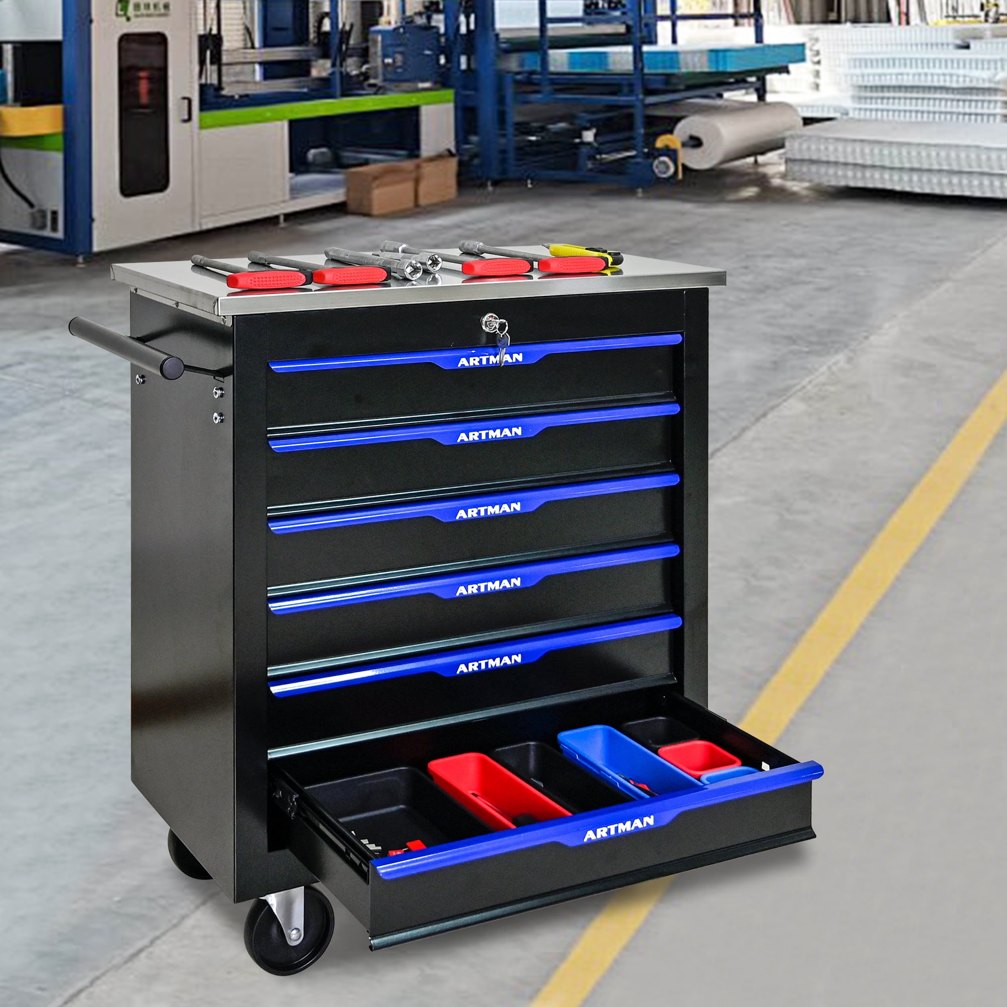 ARTMAN 6-Drawer Rolling Tool Storage Chest with Lockable Wheels (Blue, 1 Unit) rnldk