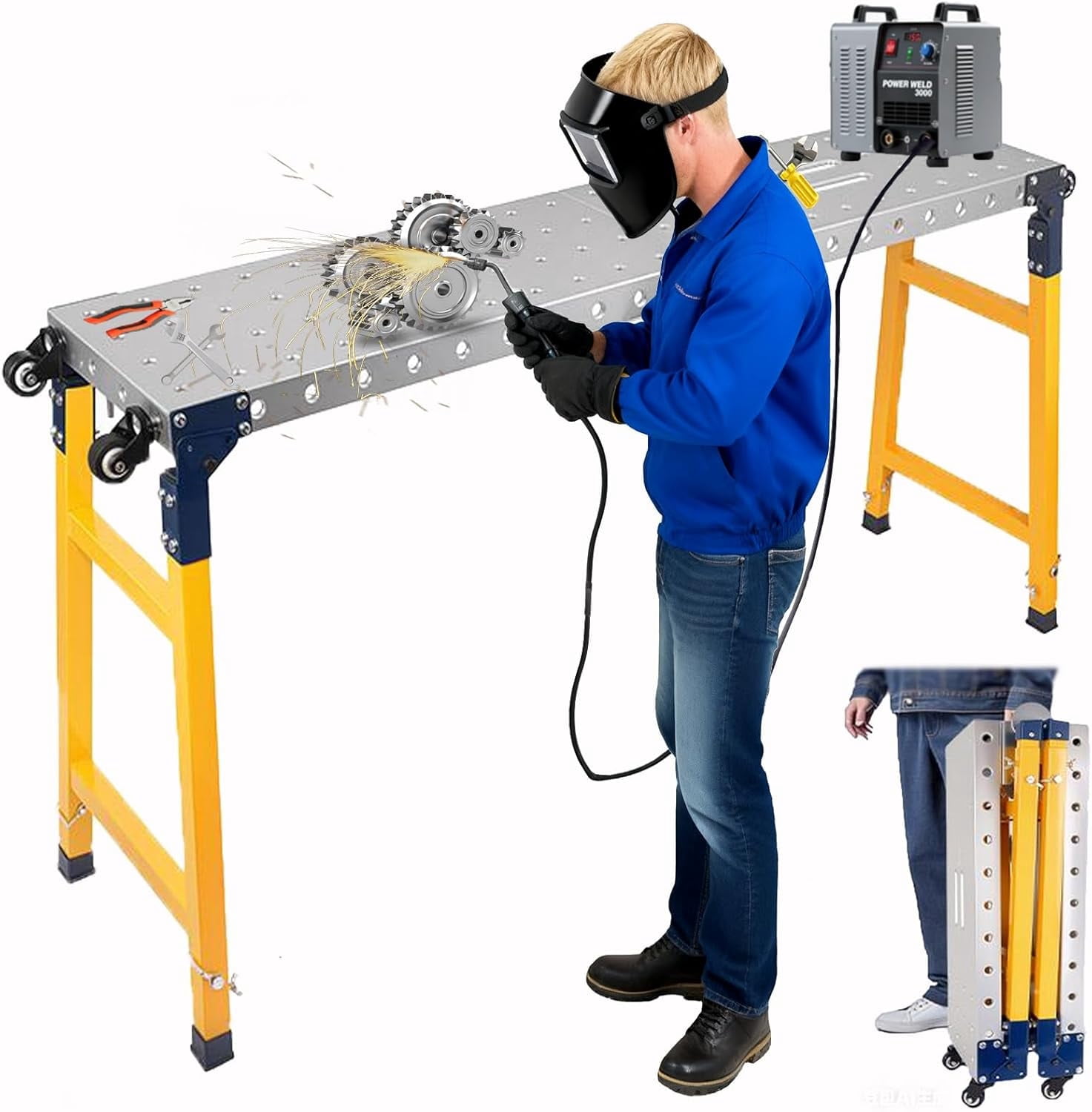 WangHongou Adjustable Welding Workbench Table, Heavy-Duty Carbon Steel Folding Workstation with Wheels (Yellow, 1200 lb) xih8f