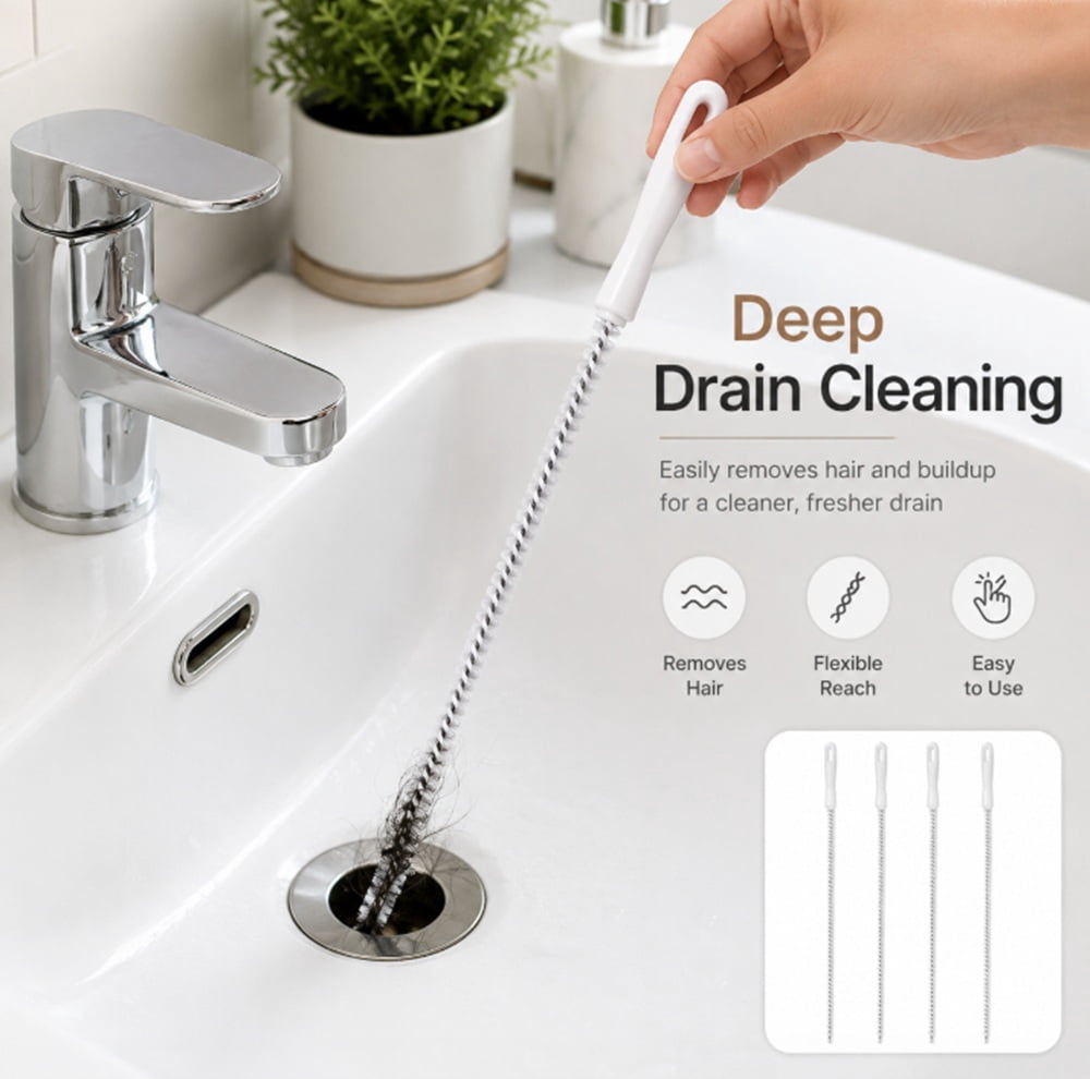 TIKA Drain Cleaning Brush Set, Flexible Pipe Scrubbers for Kitchen and Bathroom Sinks (4 Piece Set) 15lnl