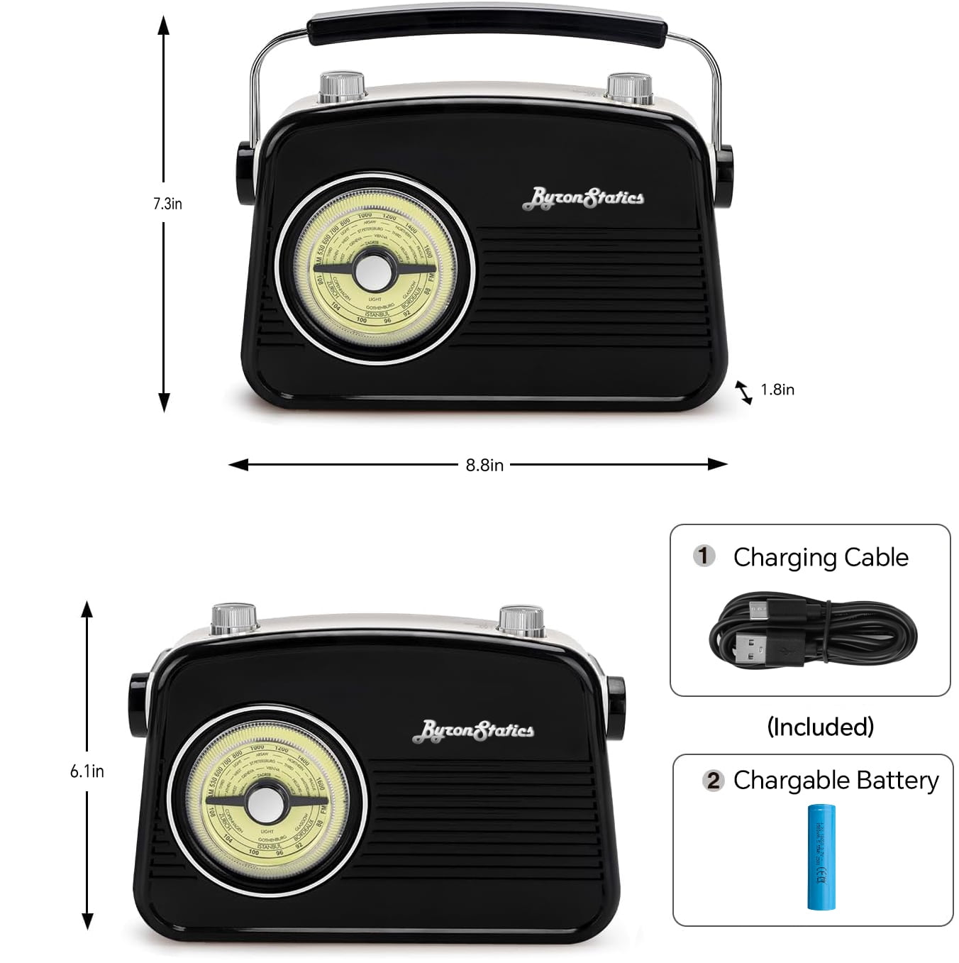 Byron Statics Portable AM FM Radio, Vintage Retro Style with Headphone Jack and Loud Speaker (Black, 8.8 x 7.3 x 1.8 in) 55wm7