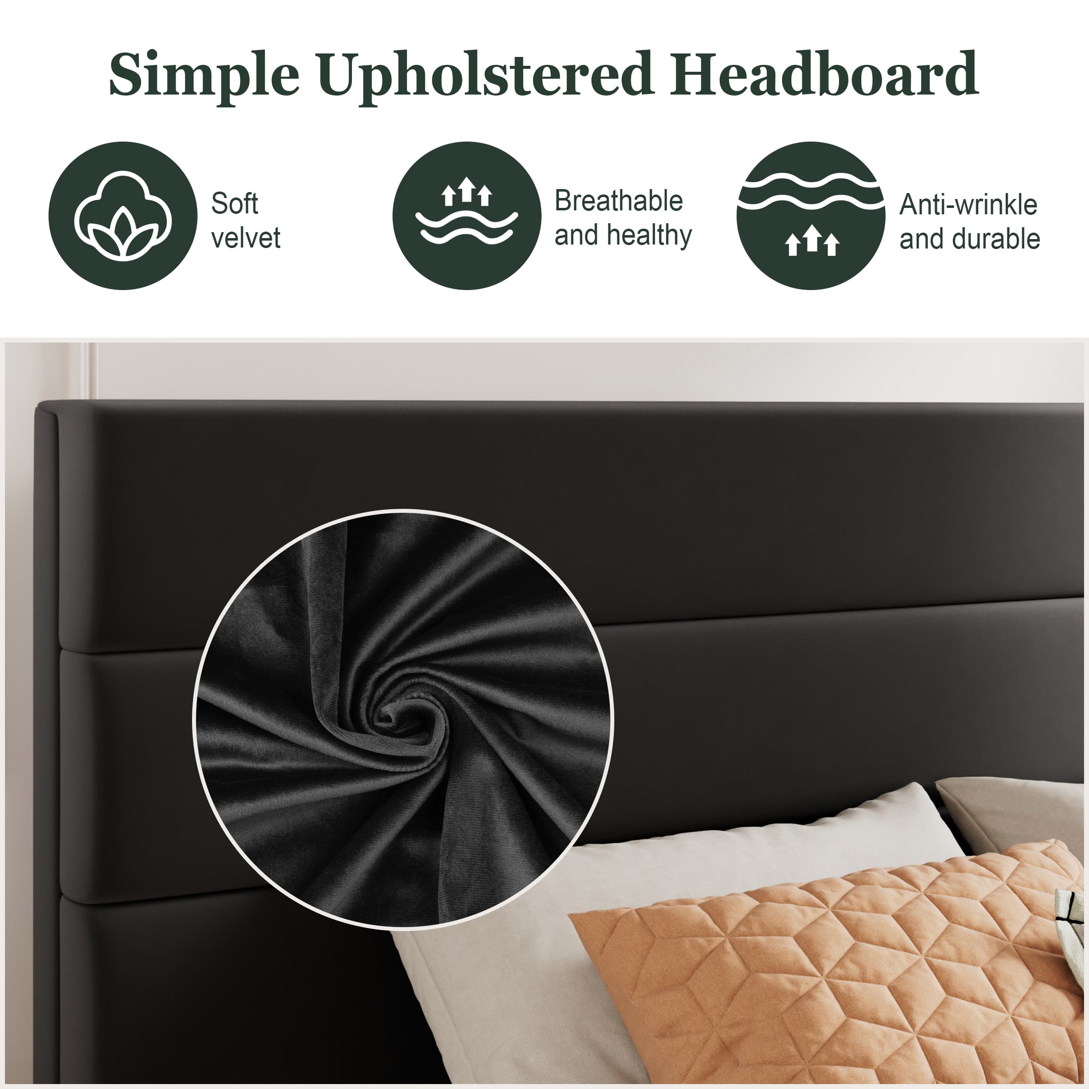 Amolife King Platform Bed Frame, Velvet Upholstered Headboard, Noise-Free Steel Support (Black, King) vul89